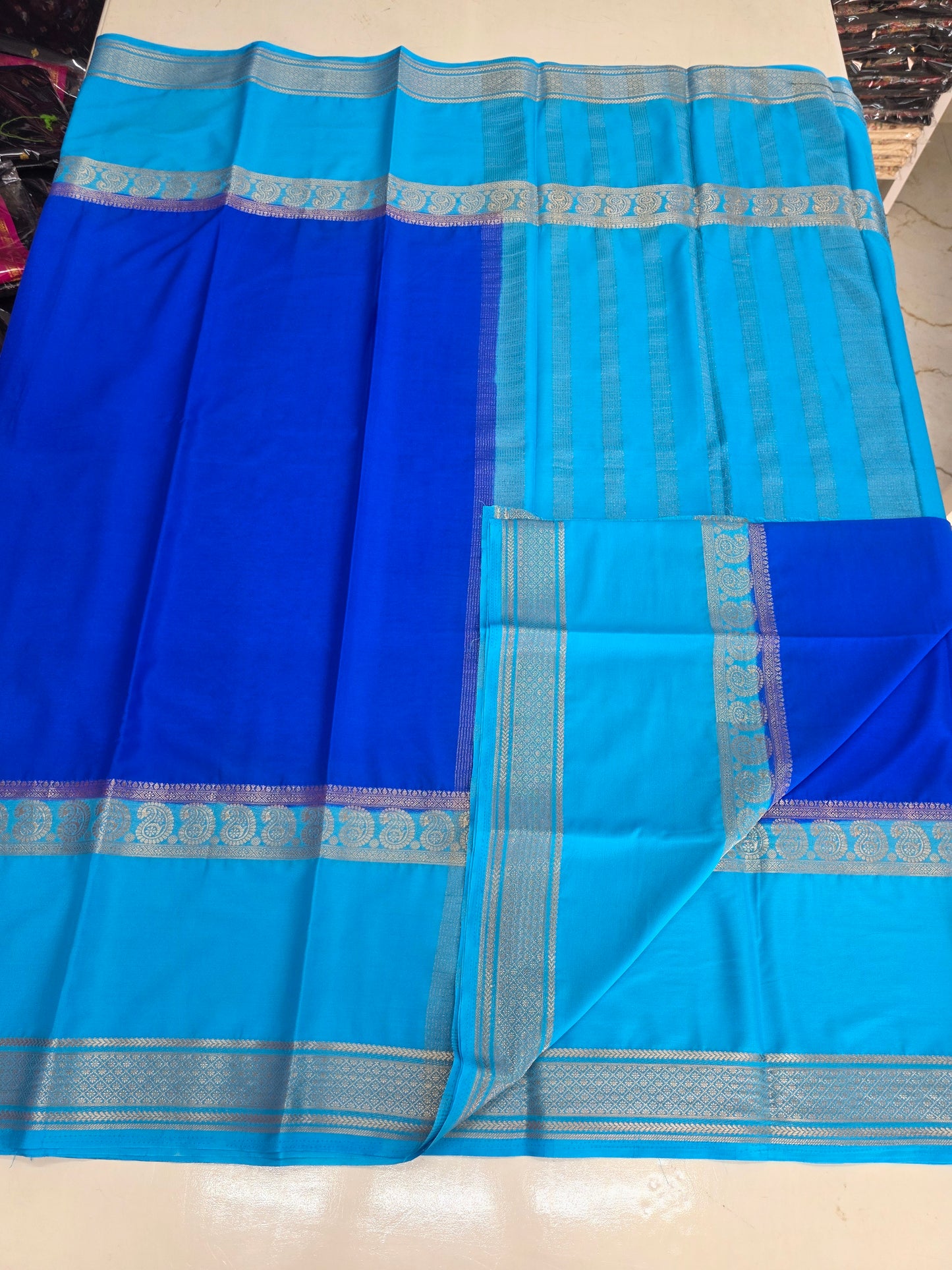 Semi Mysore Crepe (Premium, Contrast, Mango Big Bentex Border)