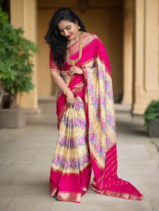 Semi Mysore Crepe (2D Contrast, Floral Digital Print)