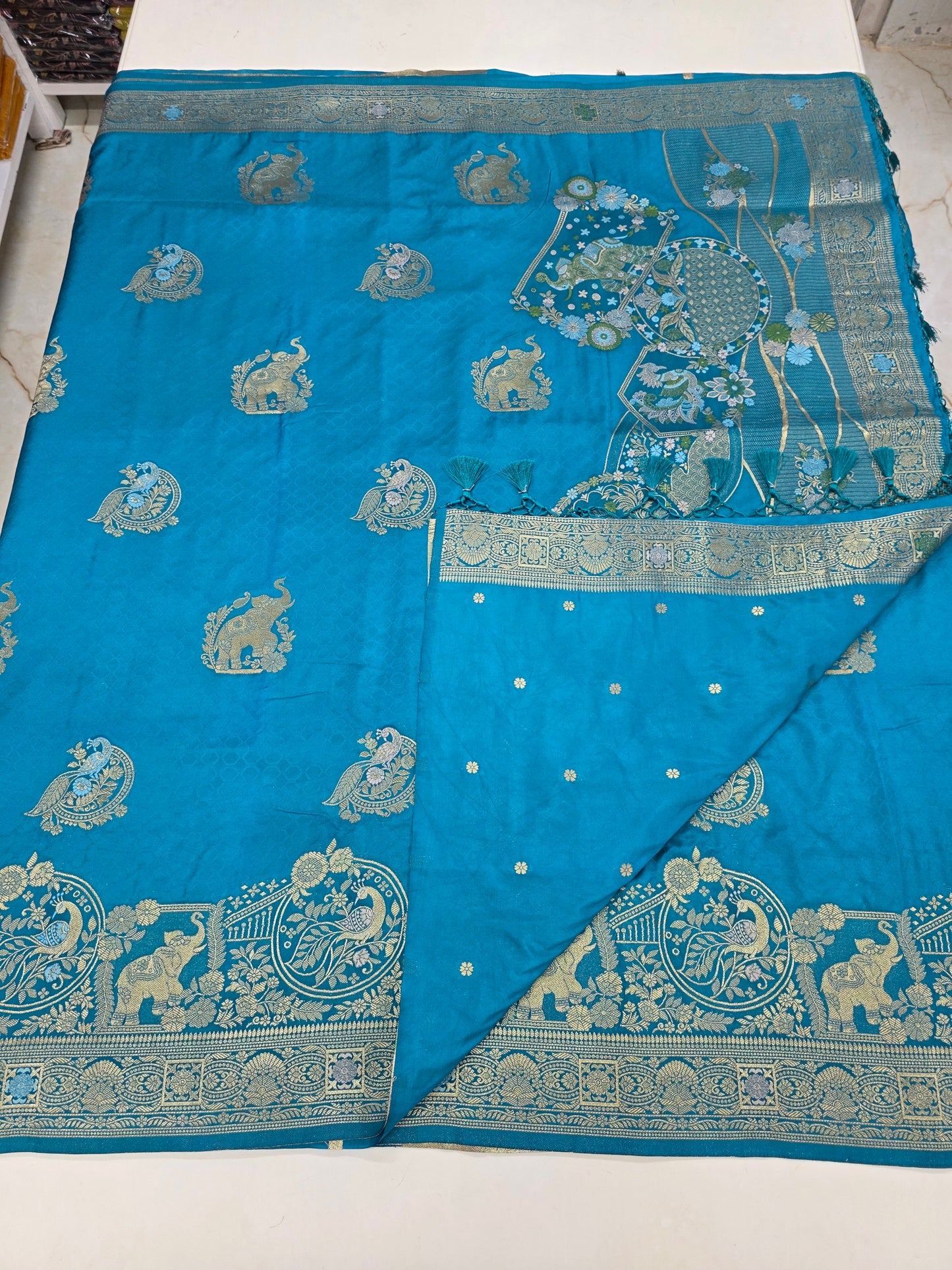 Embossed Crepe (Grand, Elephant and Peacock Meenakari Motifs)