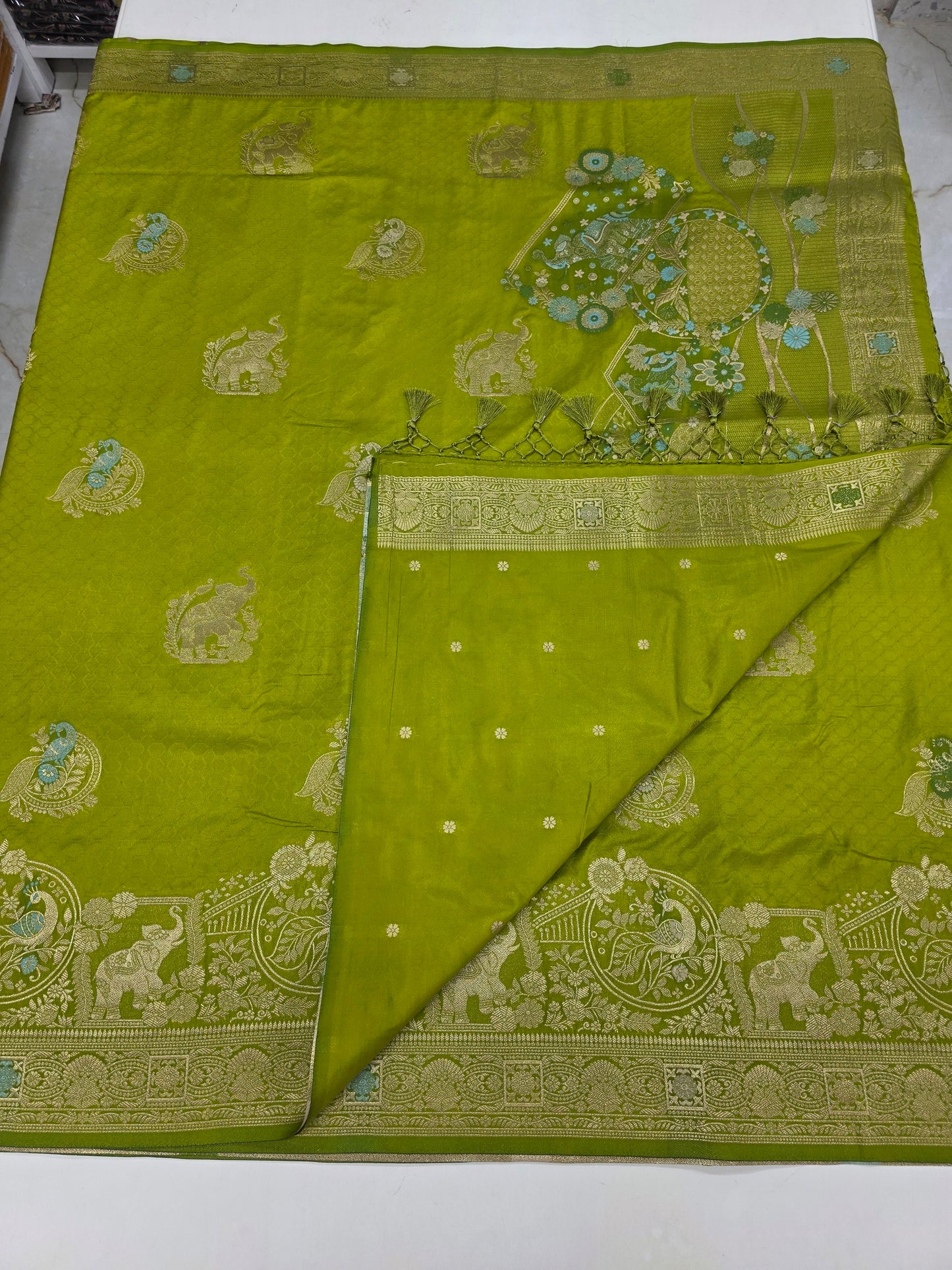 Embossed Crepe (Grand, Elephant and Peacock Meenakari Motifs)