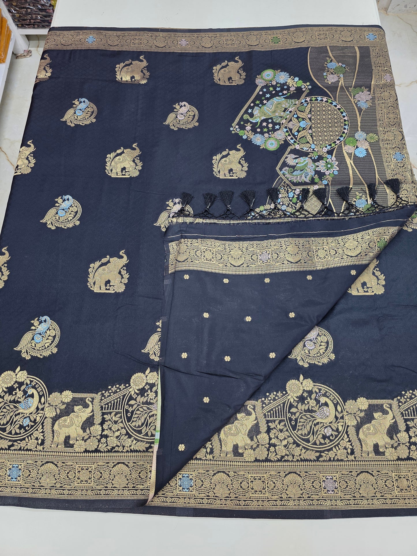 Embossed Crepe (Grand, Elephant and Peacock Meenakari Motifs)