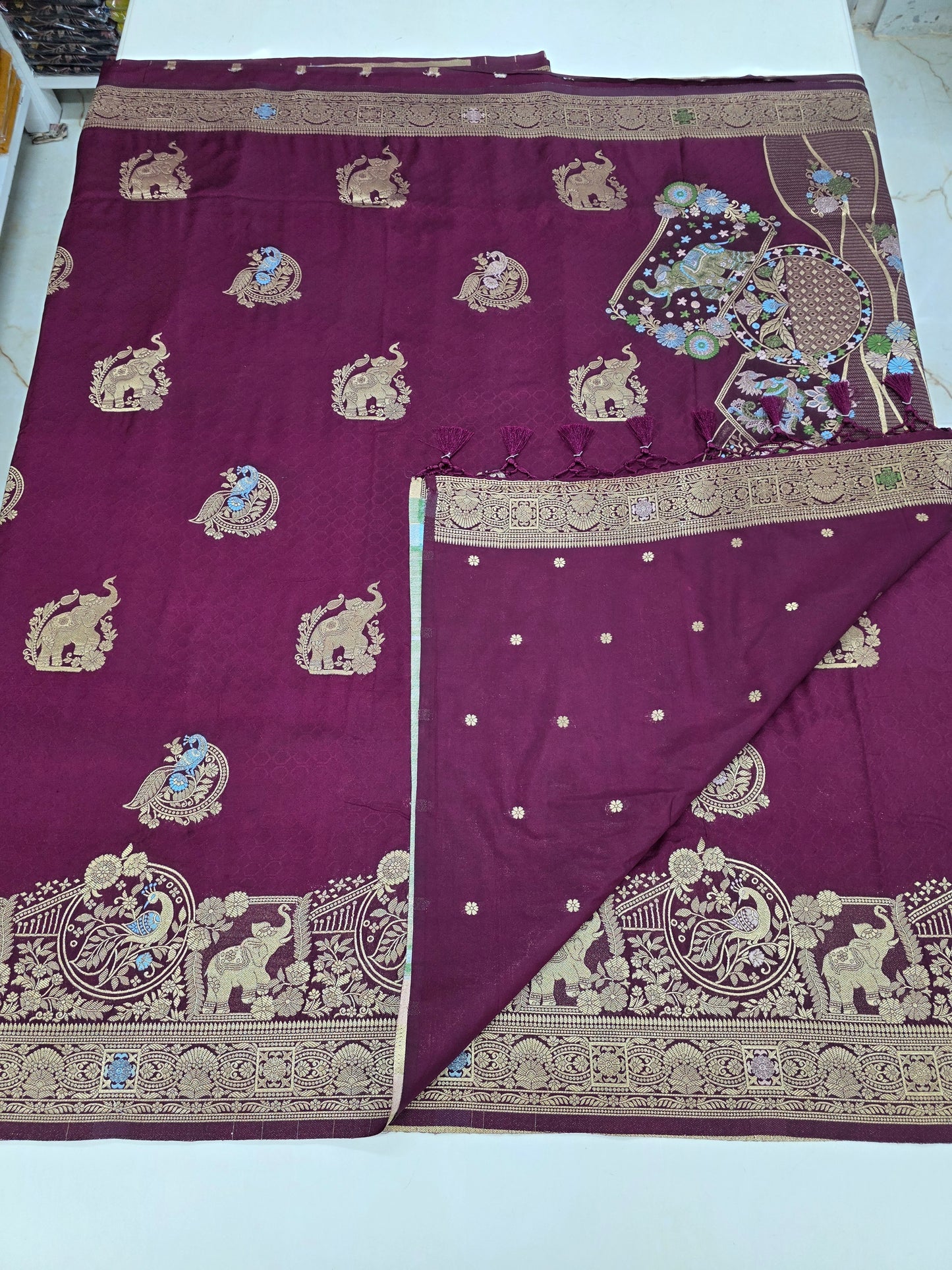 Embossed Crepe (Grand, Elephant and Peacock Meenakari Motifs)