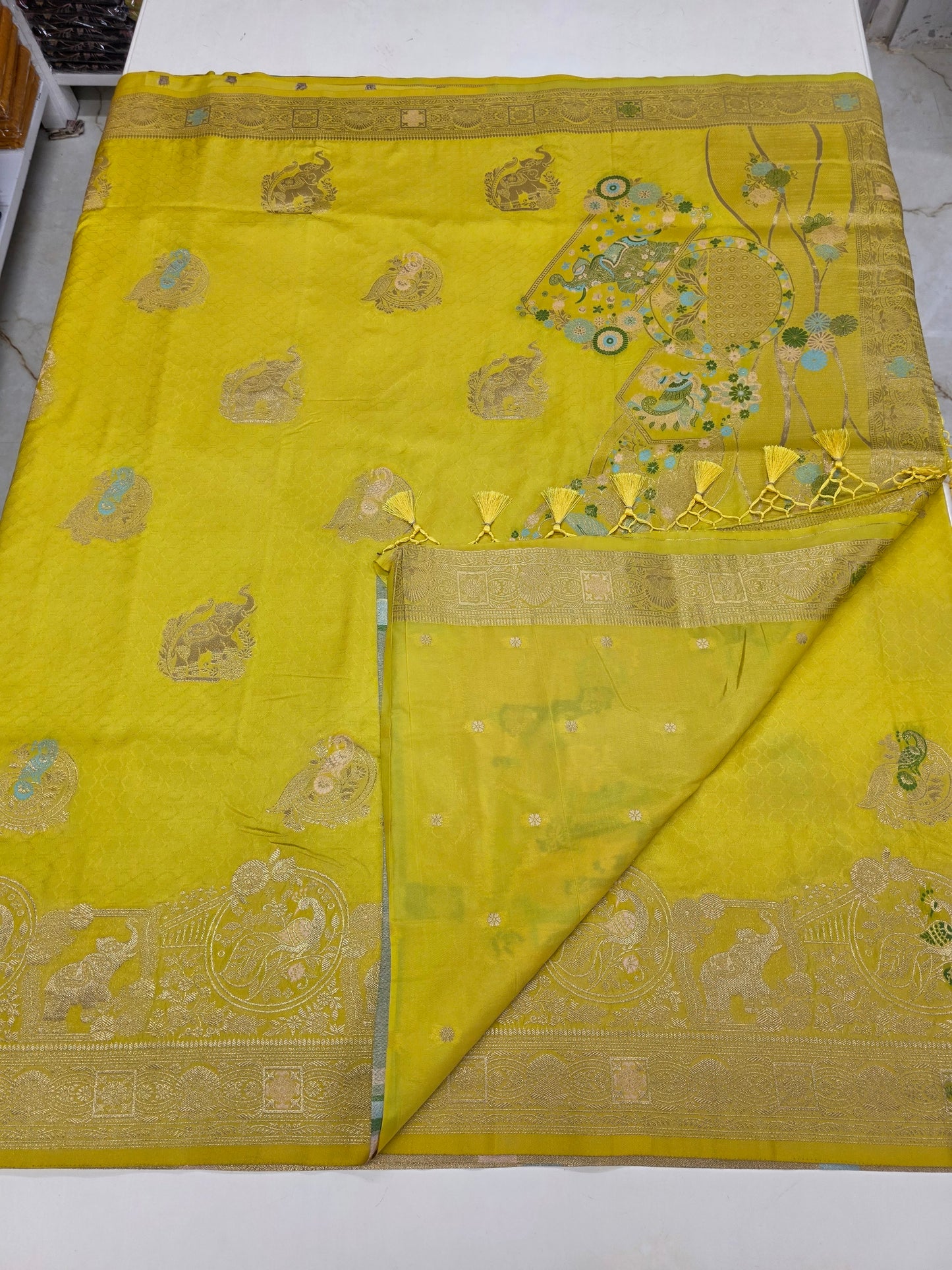 Embossed Crepe (Grand, Elephant and Peacock Meenakari Motifs)