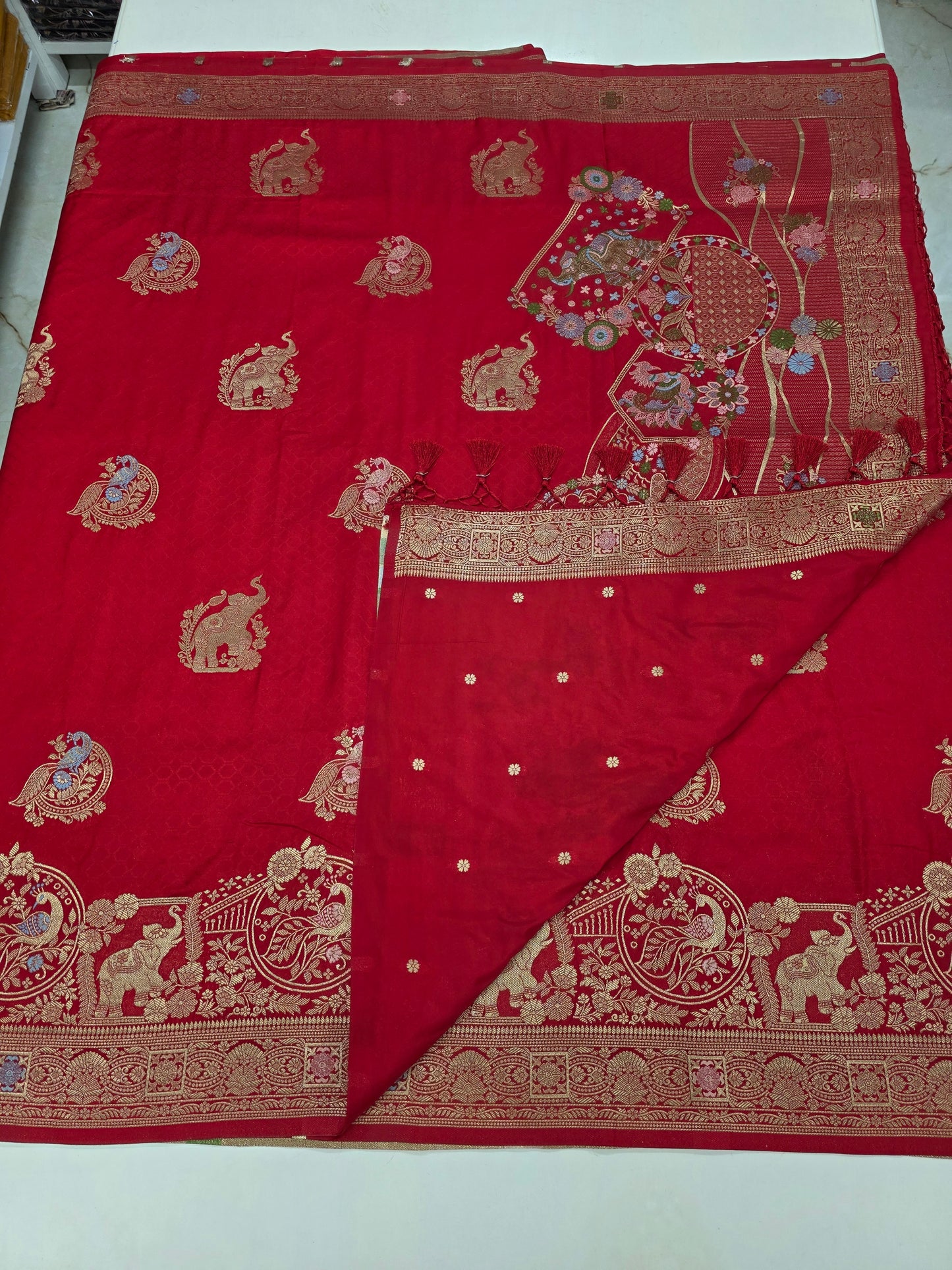 Embossed Crepe (Grand, Elephant and Peacock Meenakari Motifs)
