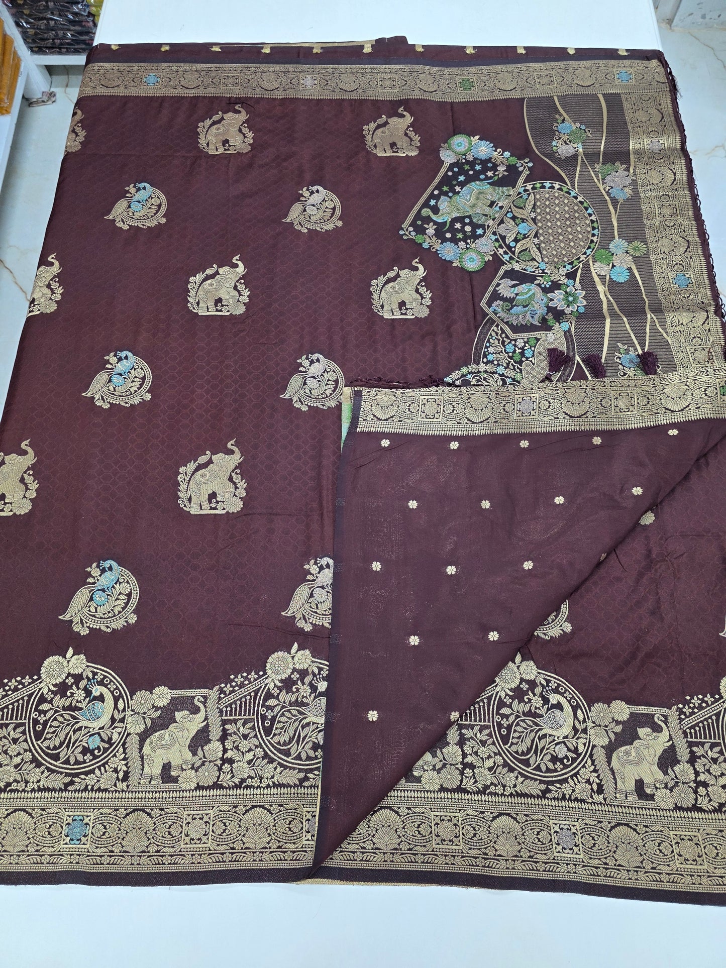 Embossed Crepe (Grand, Elephant and Peacock Meenakari Motifs)