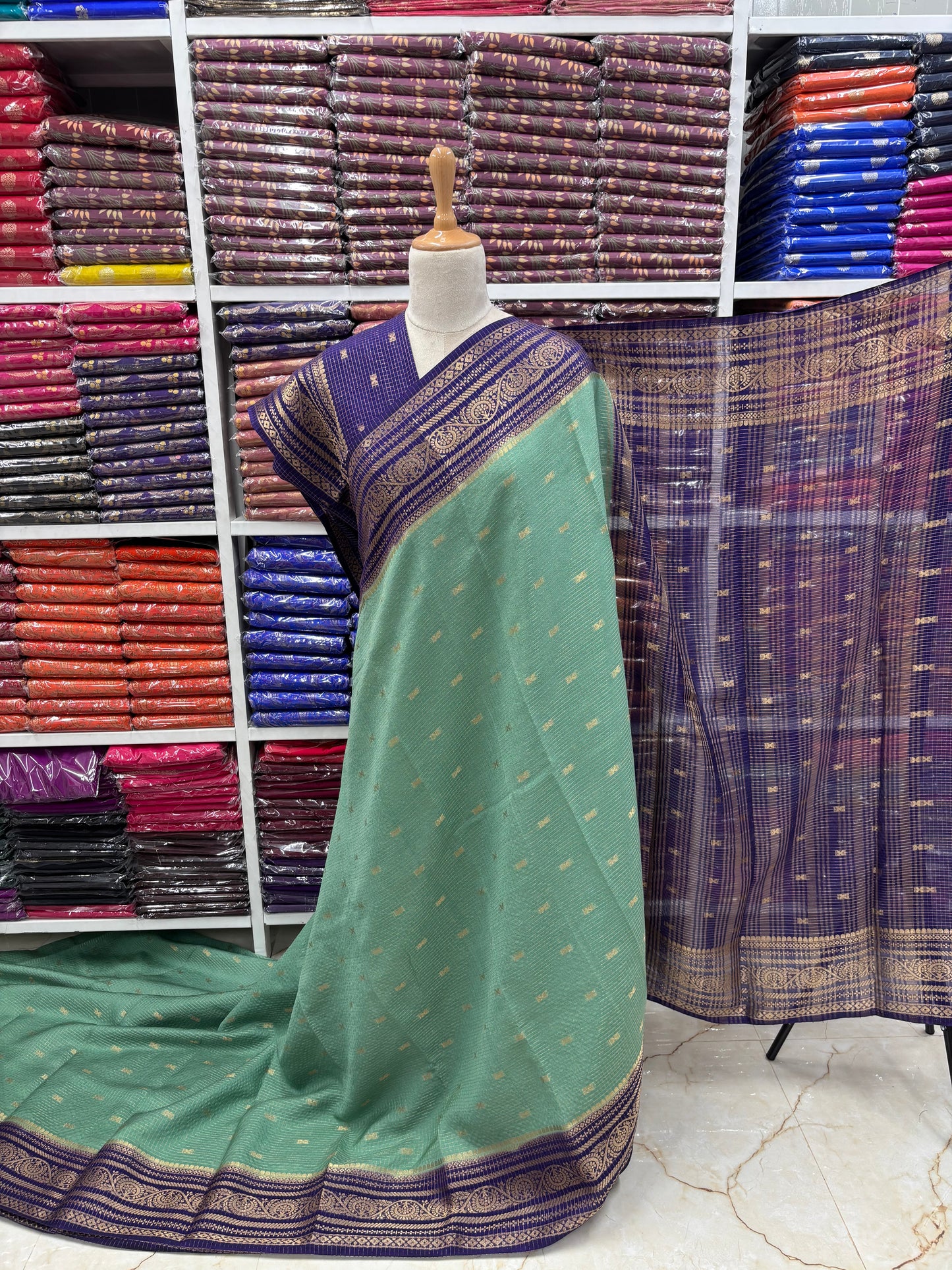 Semi Mysore Crepe (Checks and Butterfly Motifs)