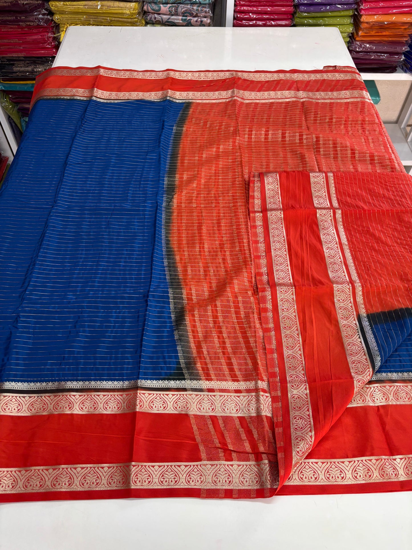 Semi Mysore Crepe (Premium, Horizontal Lines with Leaves Bentex Border)