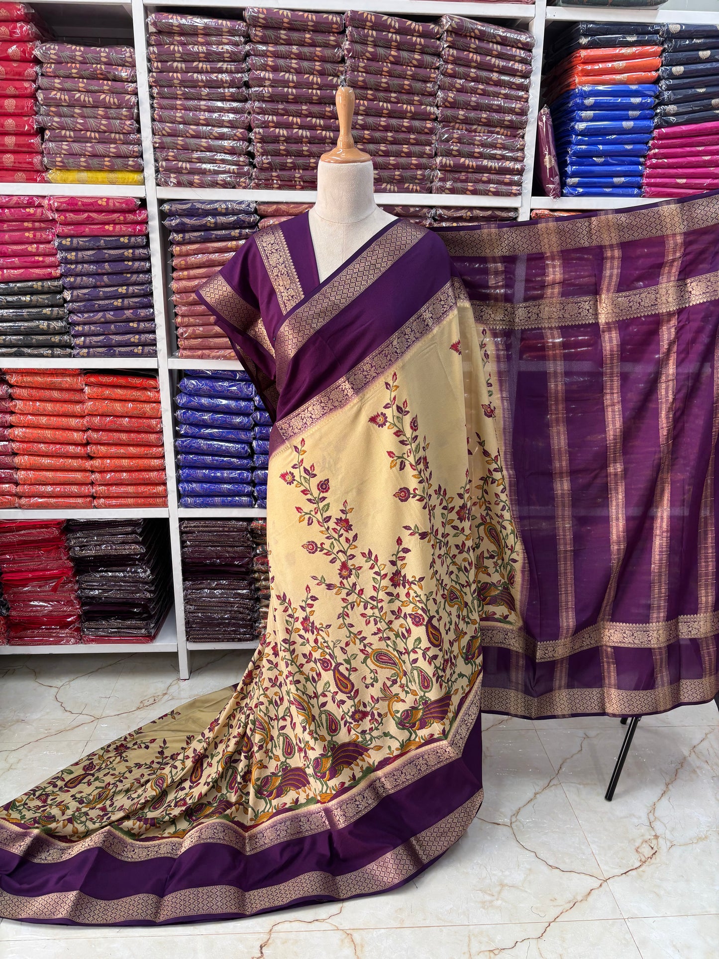 Semi Mysore Crepe (Peacock Kalamkari Print)