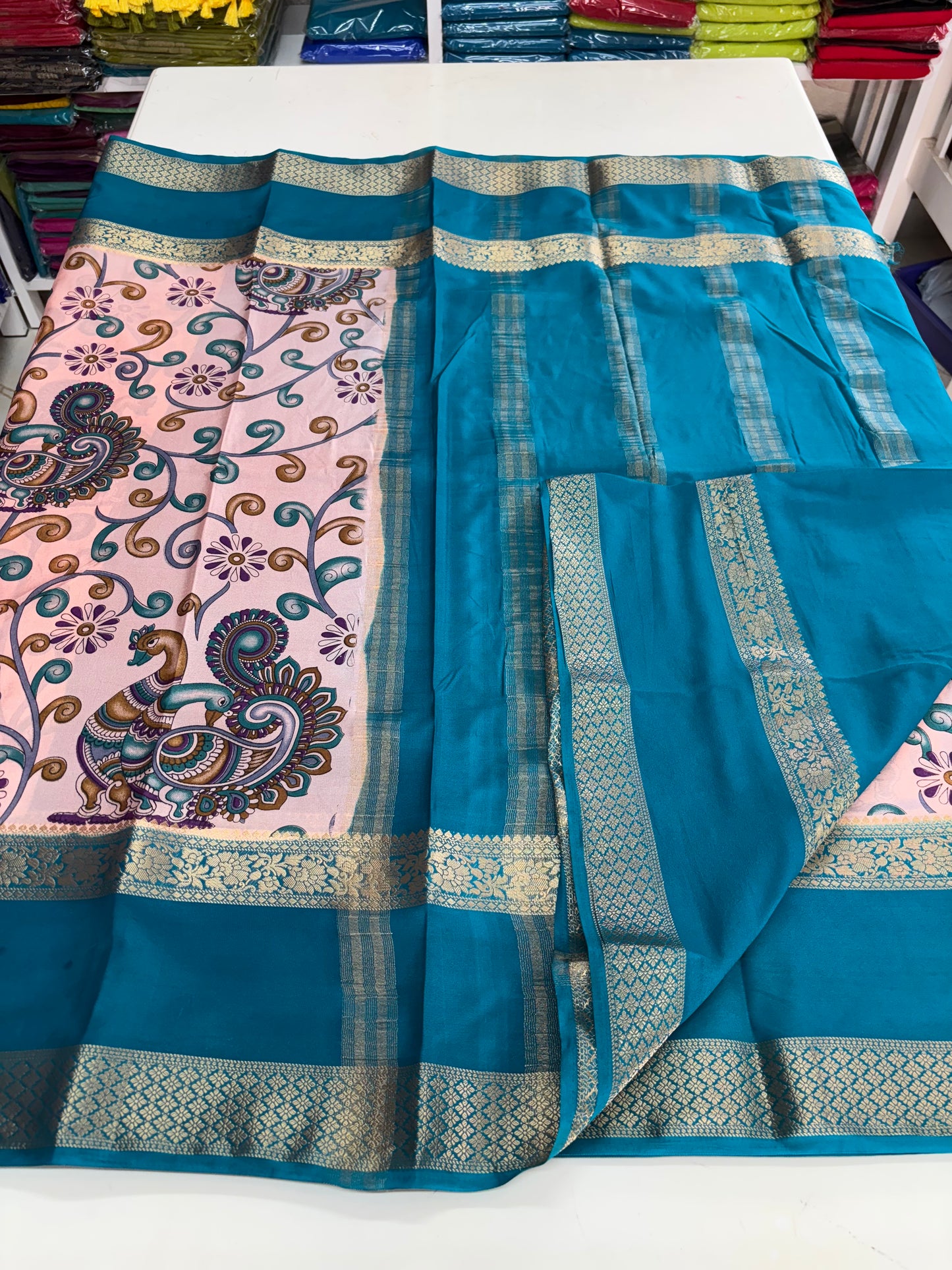 Semi Mysore Crepe (Double Peacock Kalamkari Print)