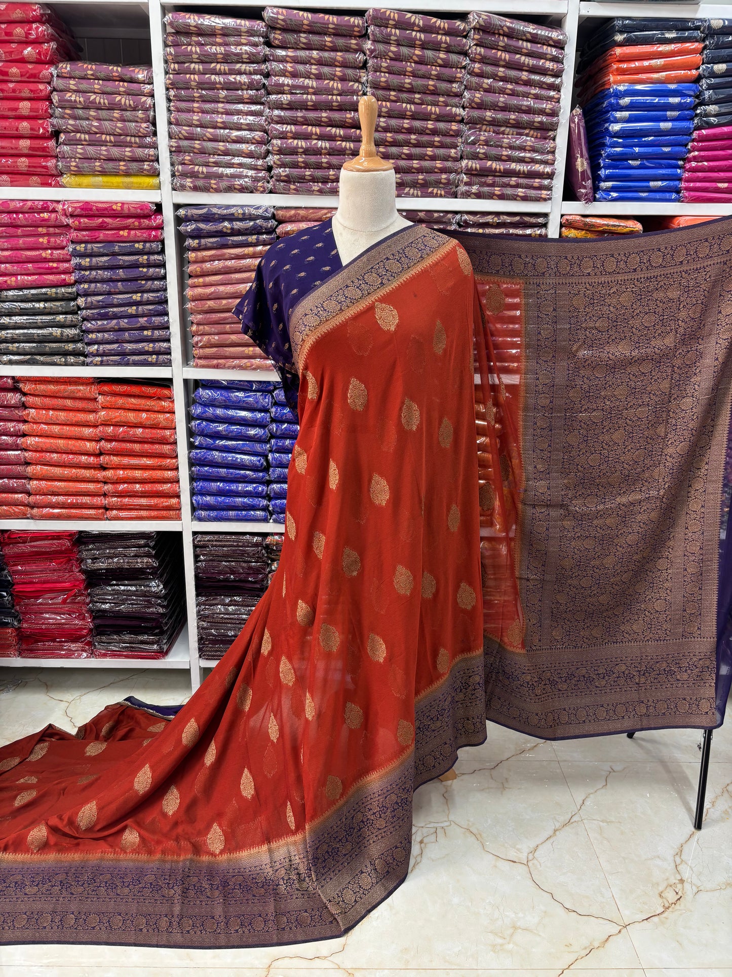 Banarasi Khaddi Georgette (Neem Zari Motifs and Rich Pallu)
