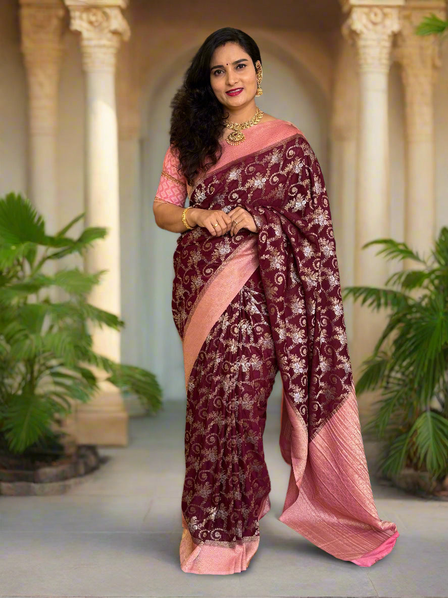 Crushed Crepe Georgette (Premium, Gold, Silver Jari Jal pattern)
