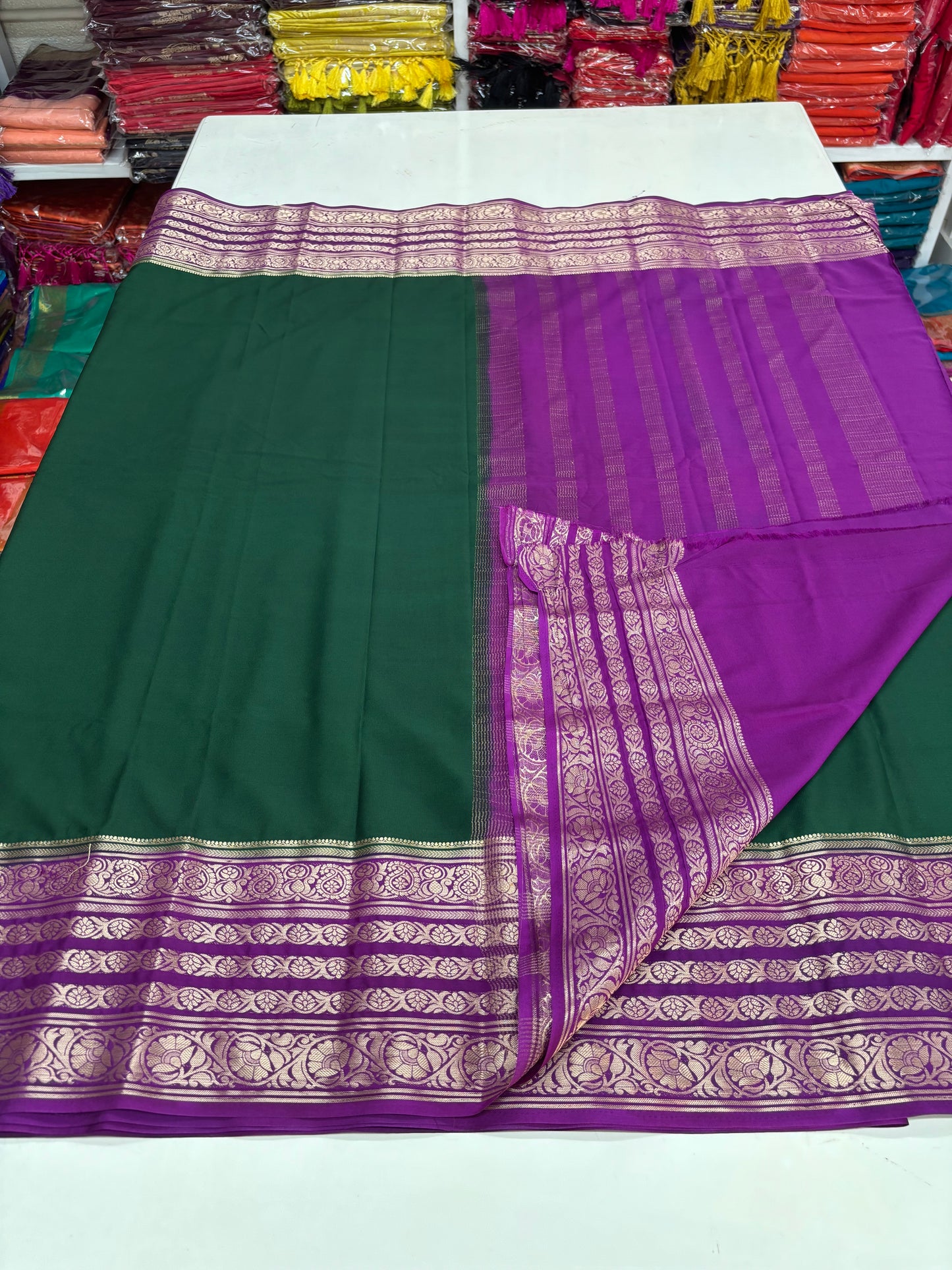 Semi Mysore Crepe (Premium, Contrast Big Bentex Mango Floral Border)