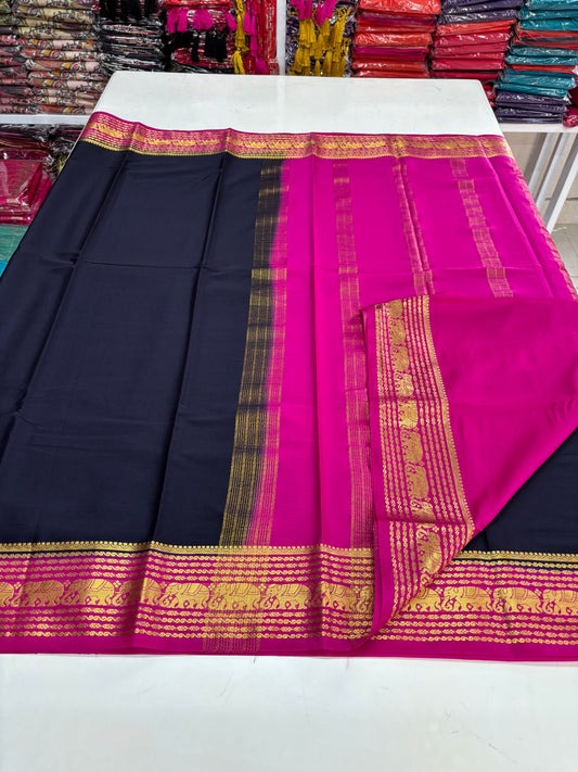 Semi Mysore Crepe (Premium, Marching Elephants Border)