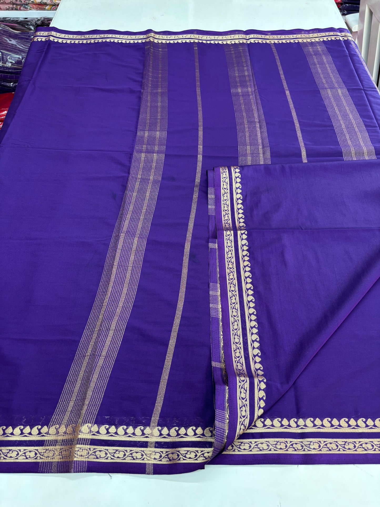 Semi Mysore Crepe (Self, Small Bentex Mango Border)