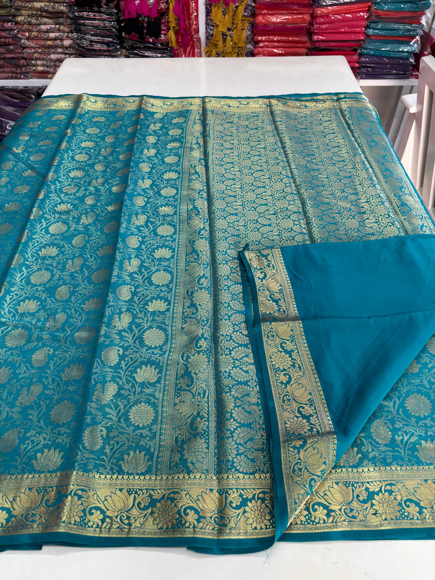 Semi Mysore Brocade (Premium, Lotus Peacock Brocade Weaving)