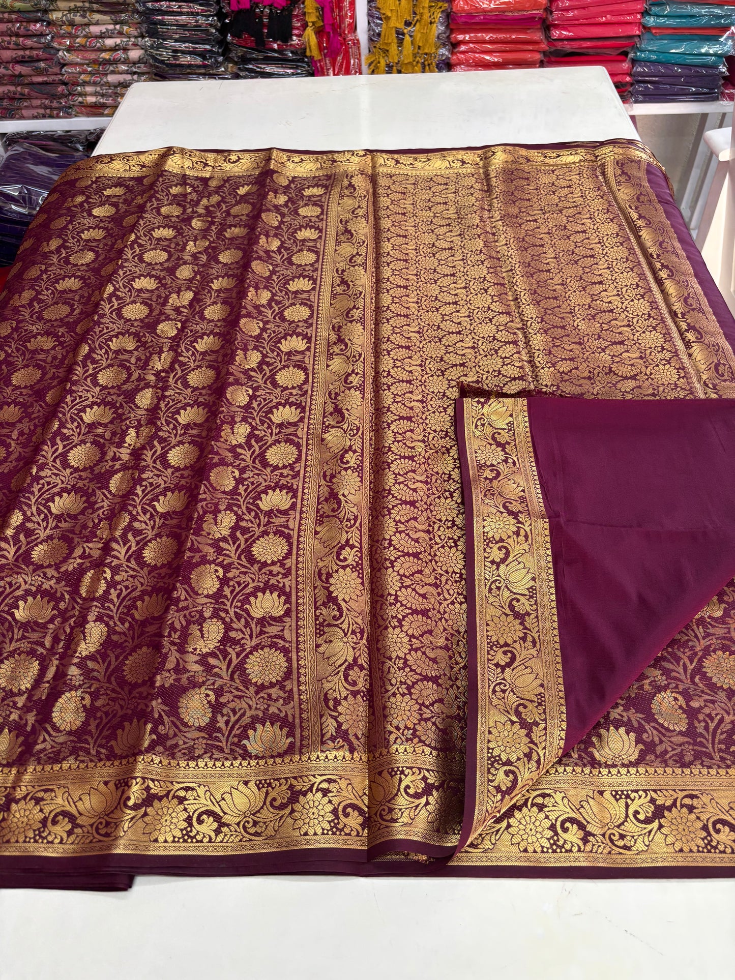 Semi Mysore Brocade (Premium, Lotus Peacock Brocade Weaving)