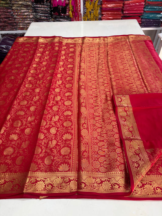 Semi Mysore Brocade (Premium, Lotus Peacock Brocade Weaving)