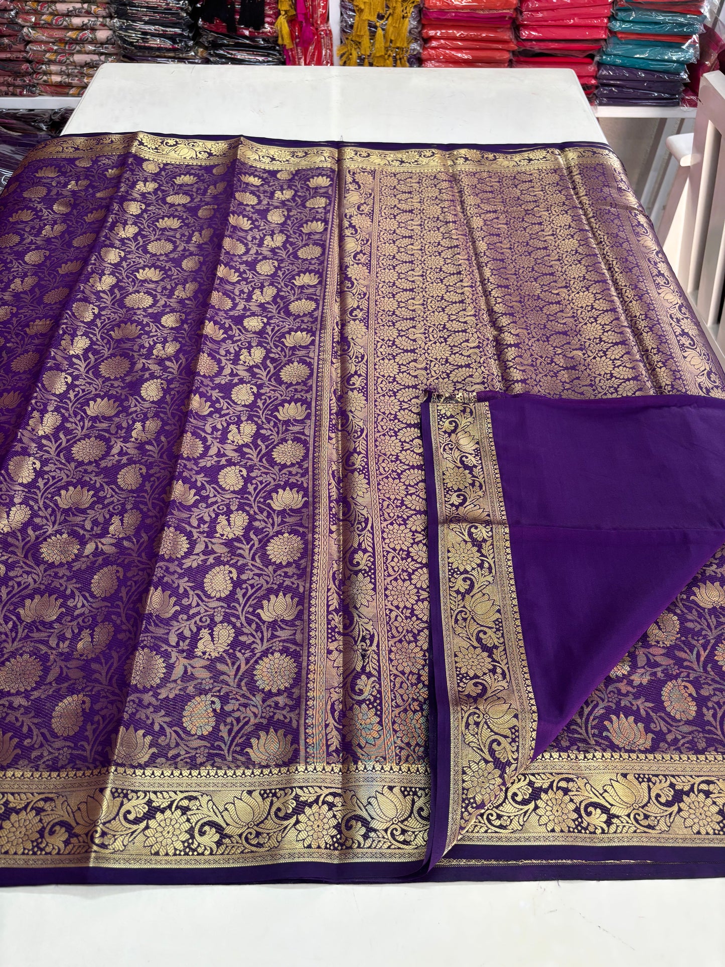 Semi Mysore Brocade (Premium, Lotus Peacock Brocade Weaving)
