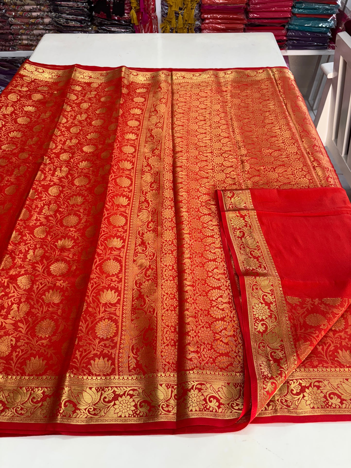 Semi Mysore Brocade (Premium, Lotus Peacock Brocade Weaving)