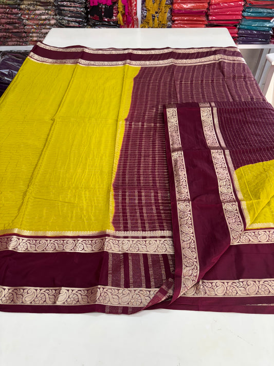 Semi Mysore Crepe (Premium, Horizontal Lines with Mango Bentex Border)