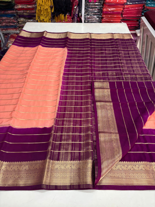 Semi Mysore Crepe (2D Dyeing, Gold horizontal lines and Rich border)