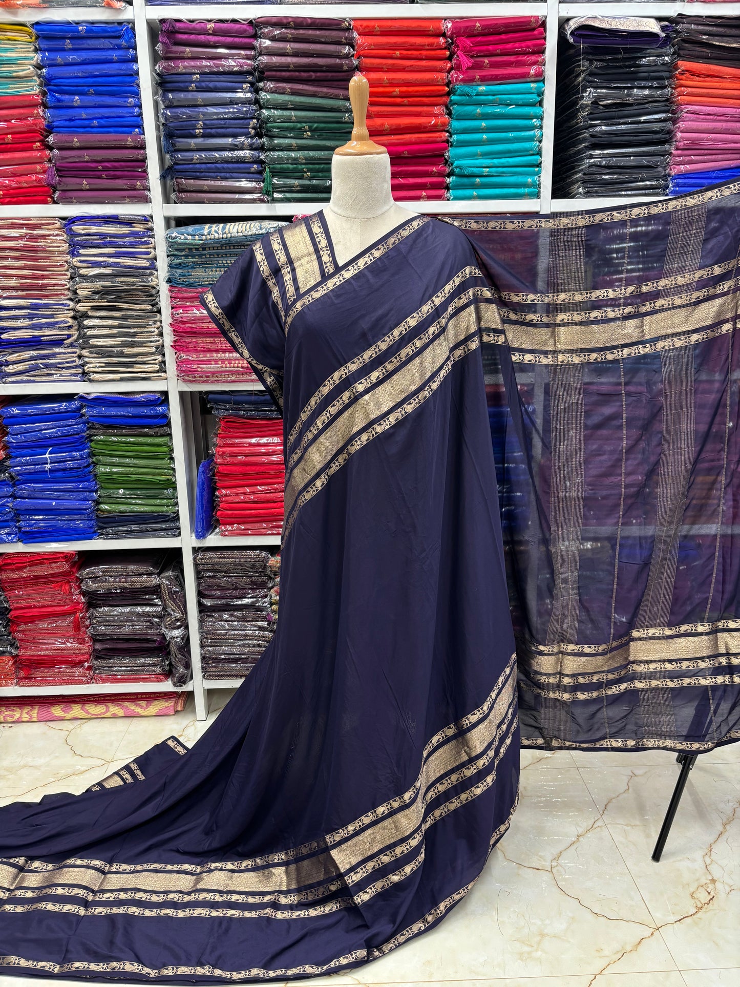 Semi Mysore Crepe (Mango Design 4 Lines Border)