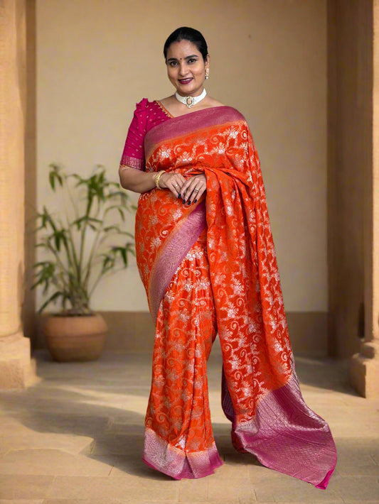 Crushed Crepe Georgette (Premium, Gold, Silver Jari Jal pattern)