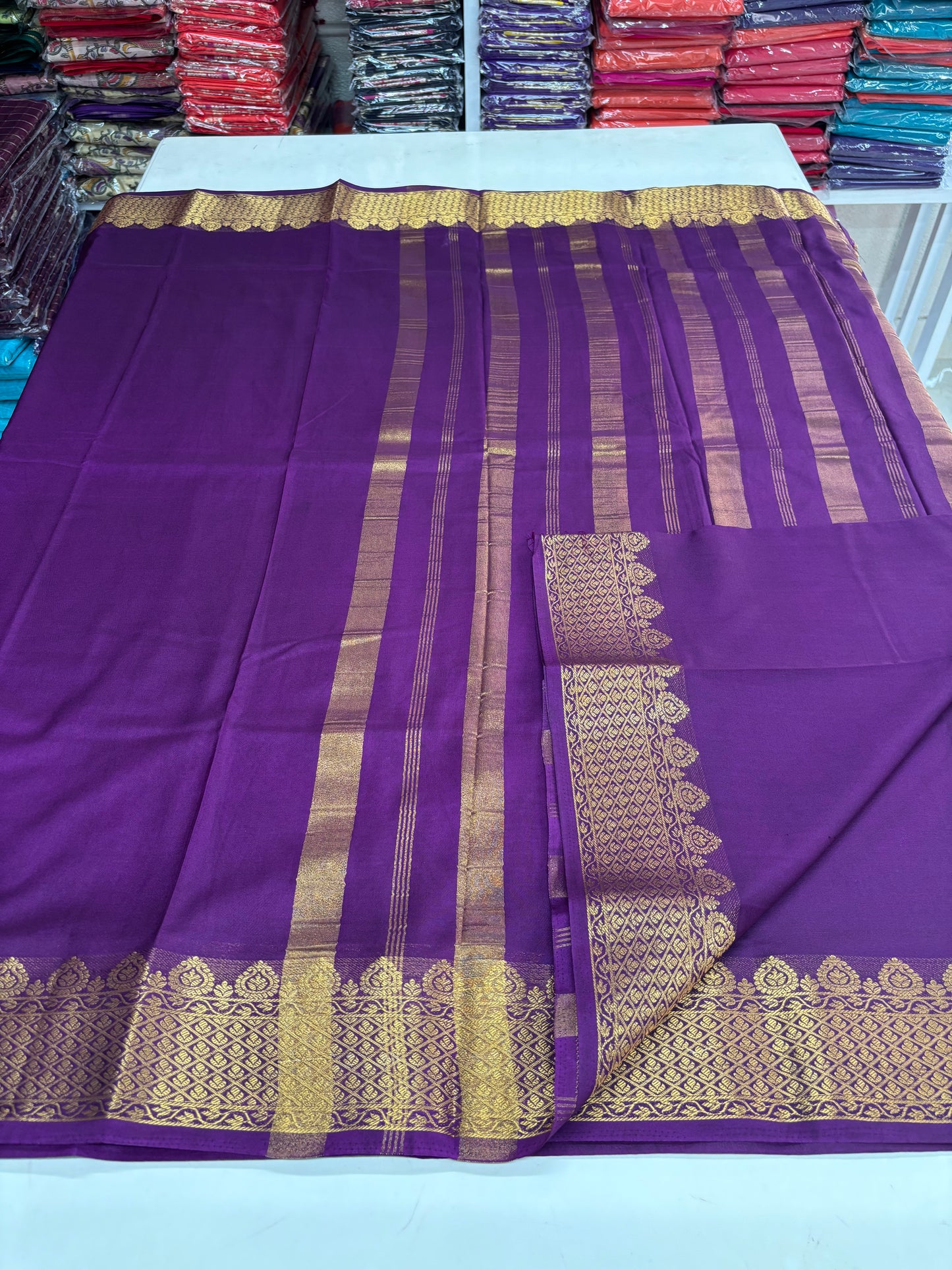 Semi Mysore Crepe (Self, Premium, Medium Size Border)
