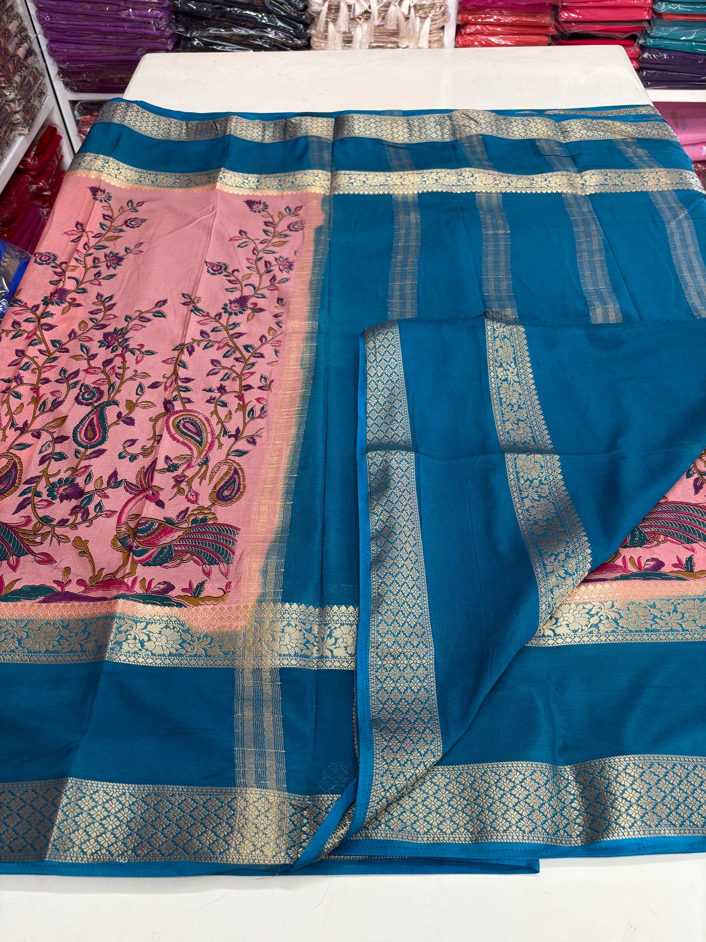 Semi Mysore Crepe (Peacock Kalamkari Print)