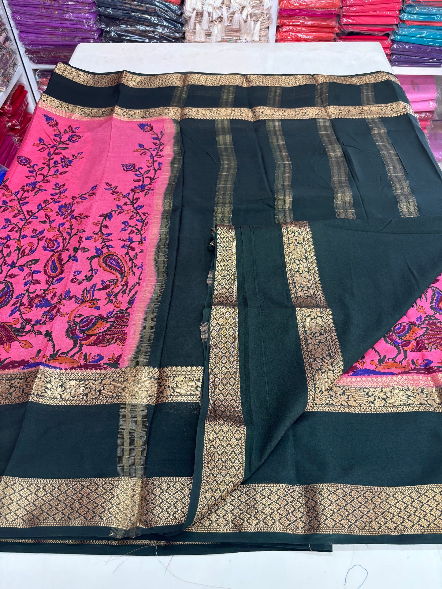 Semi Mysore Crepe (Peacock Kalamkari Print)