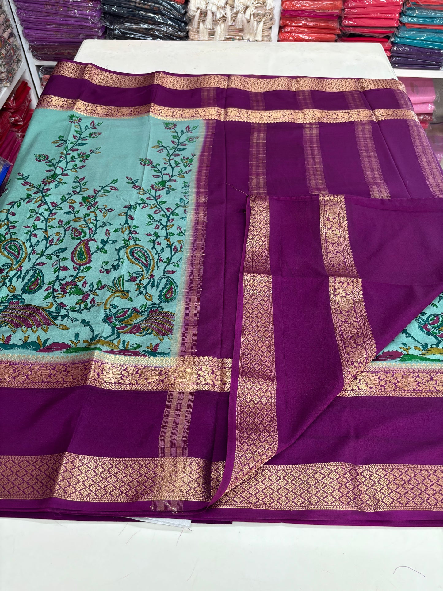 Semi Mysore Crepe (Peacock Kalamkari Print)
