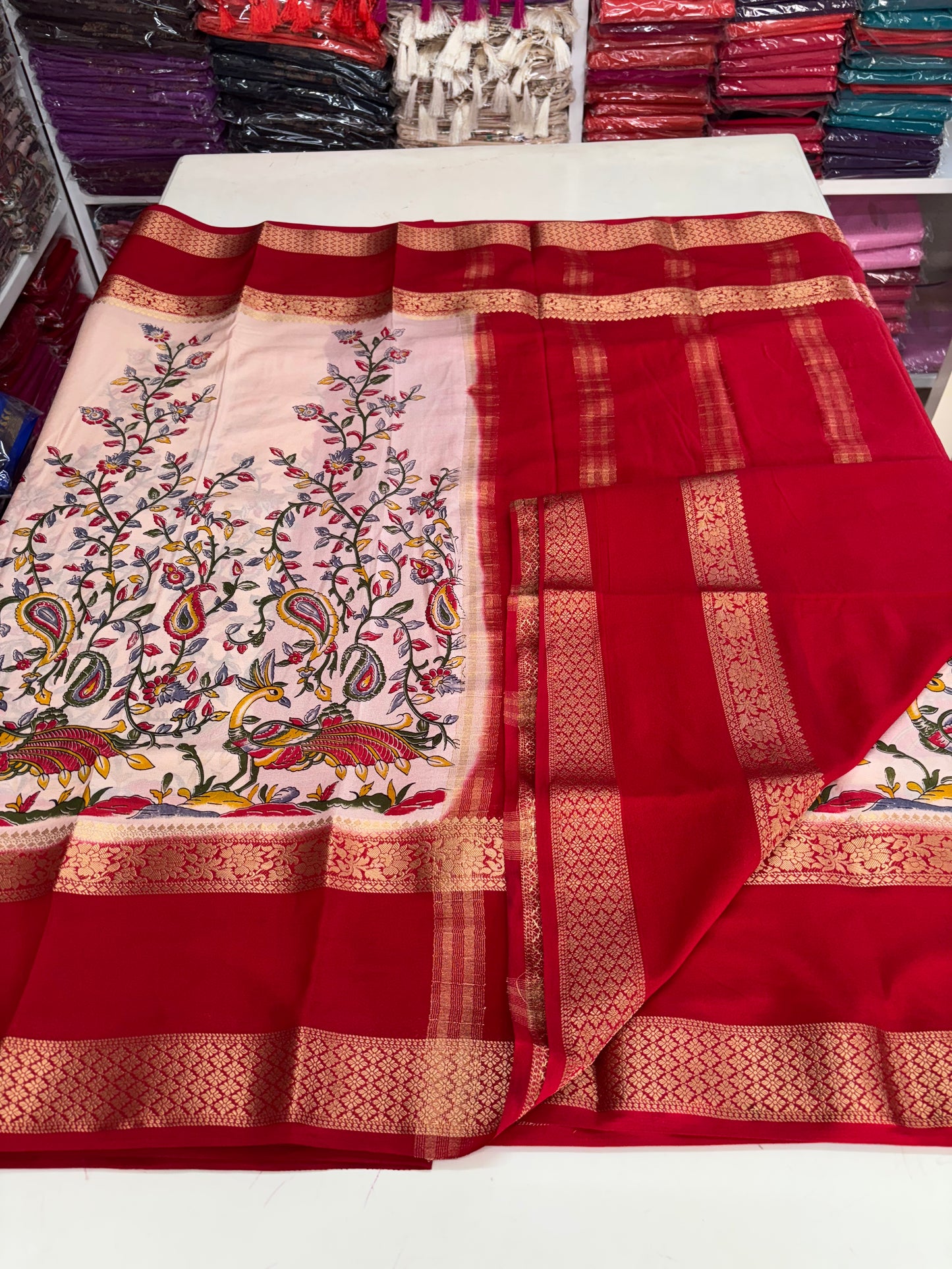 Semi Mysore Crepe (Peacock Kalamkari Print)