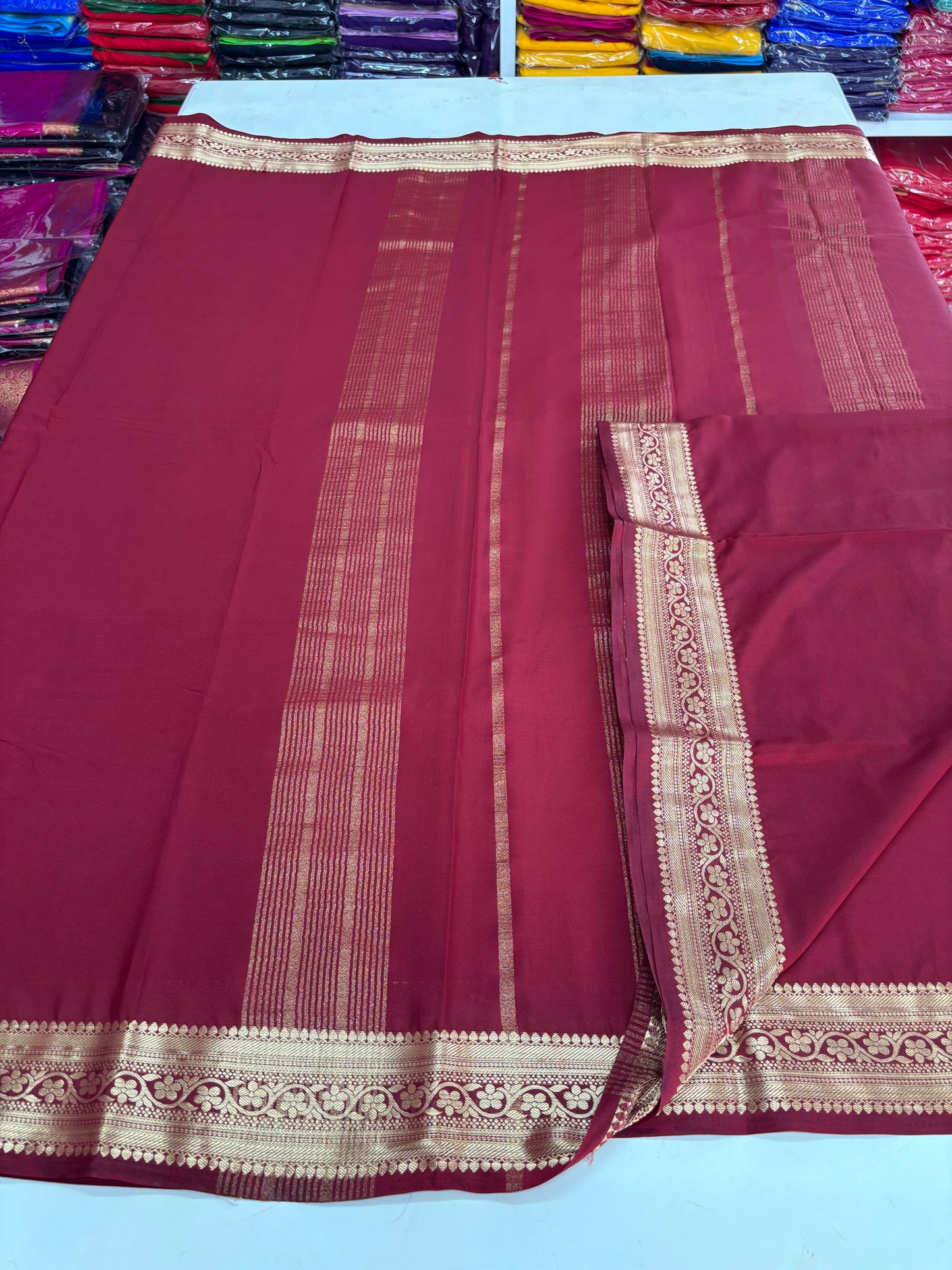 Semi Mysore Crepe (Self, Premium, Medium Size Border)
