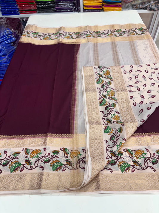 Semi Mysore Crepe (Border Floral Kalamkari Print with Printed Blouse)