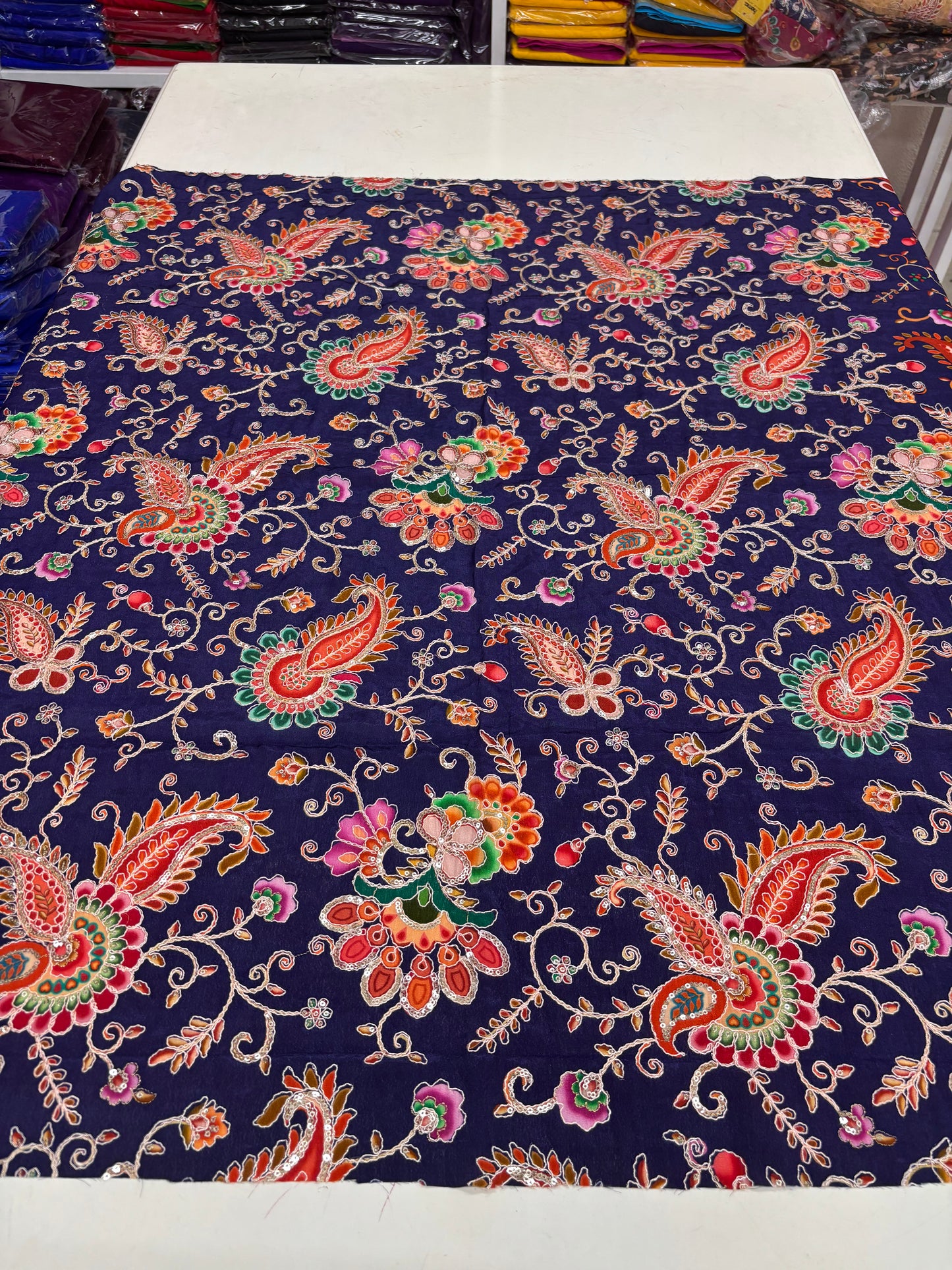 Kalamkari Blouse Fabric (HSSB5, Rich Mango & Floral Print with Heavy Positioning Work)