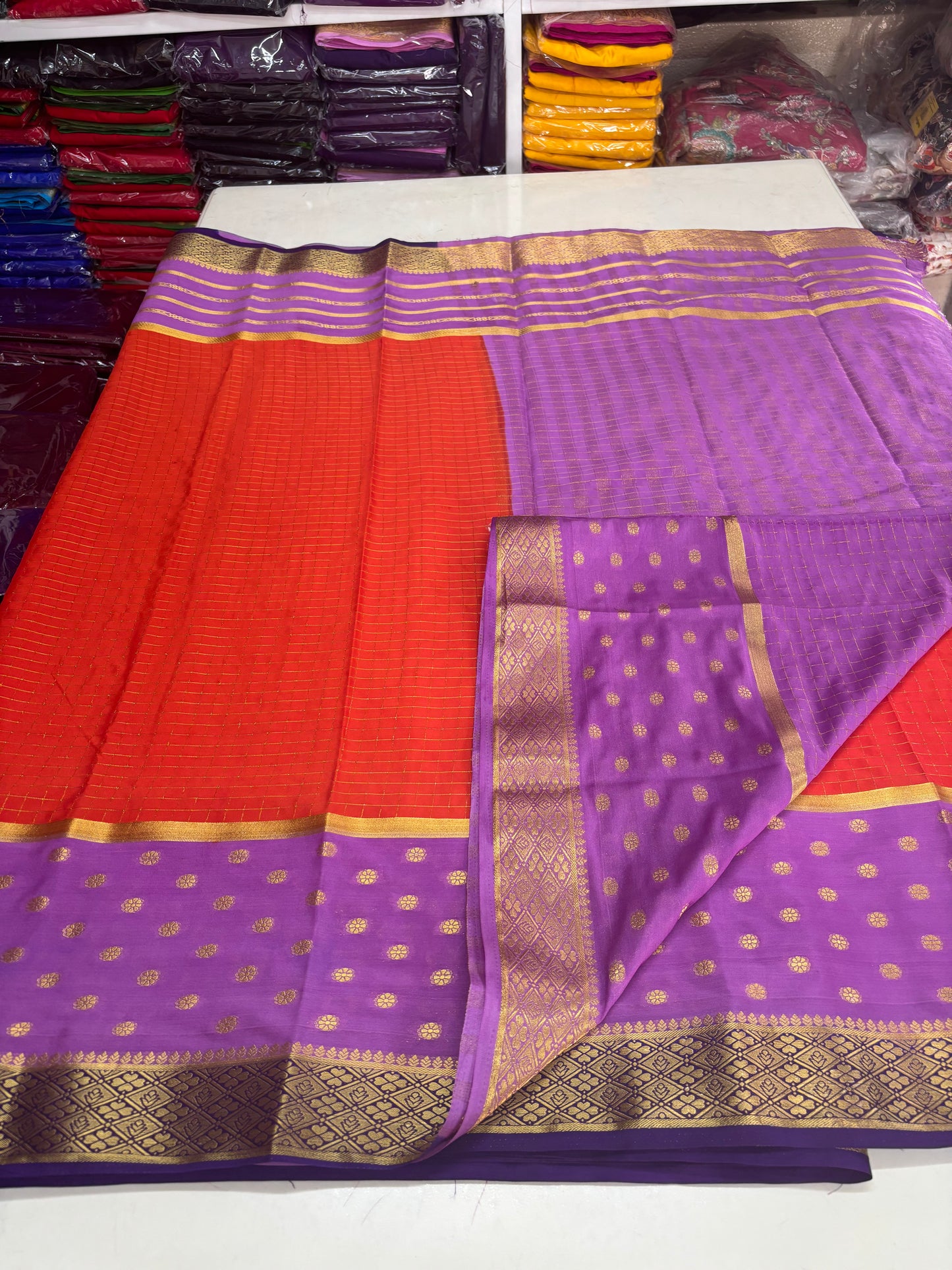 Semi Mysore Crepe (Premium, 3D Checks, 2 Bentex Borders)