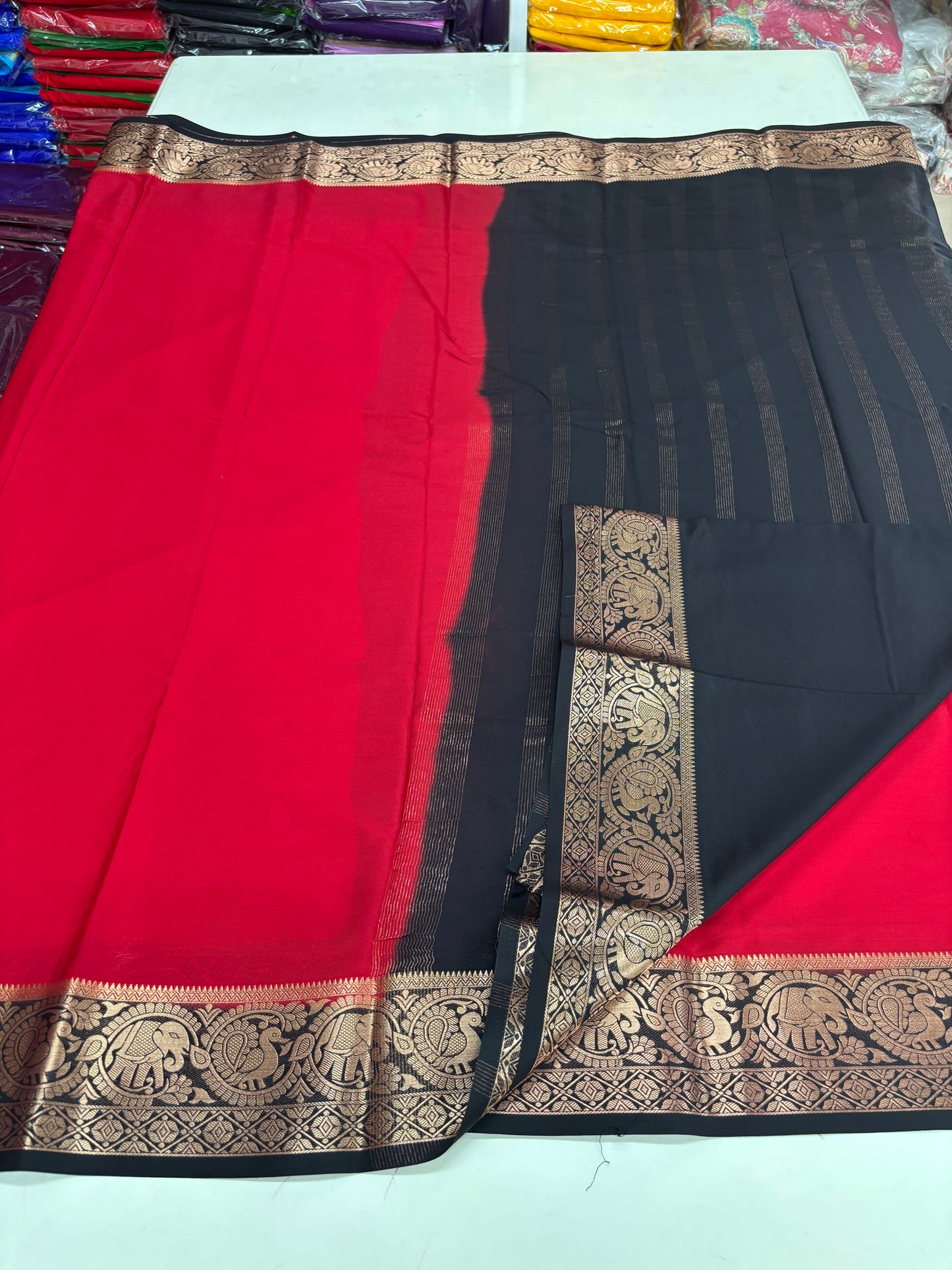 Semi Mysore Crepe (Premium, Contrast, Elephant and Peacock Border)