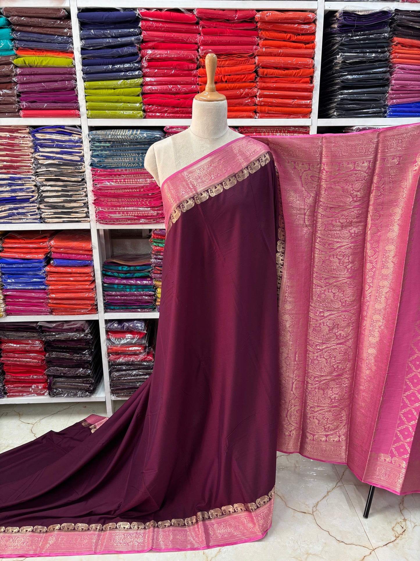 Semi Mysore Crepe (Marching Elephants Border)