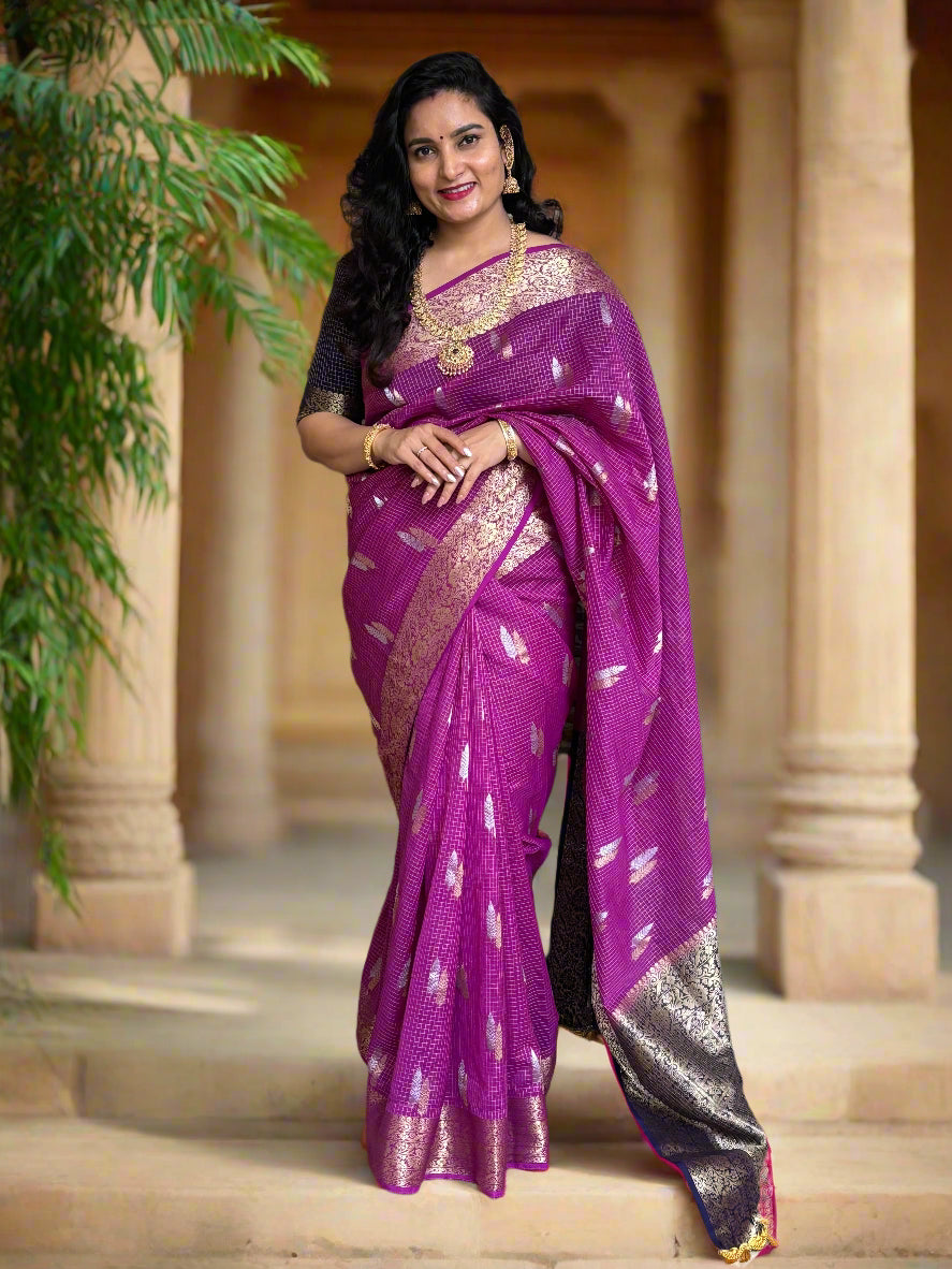 Crepe Georgette (Checks, Double Leaf Motifs, Rich Pallu)