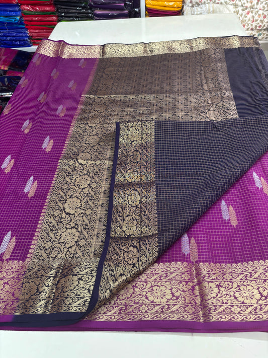 Crepe Georgette (Checks, Double Leaf Motifs, Rich Pallu)
