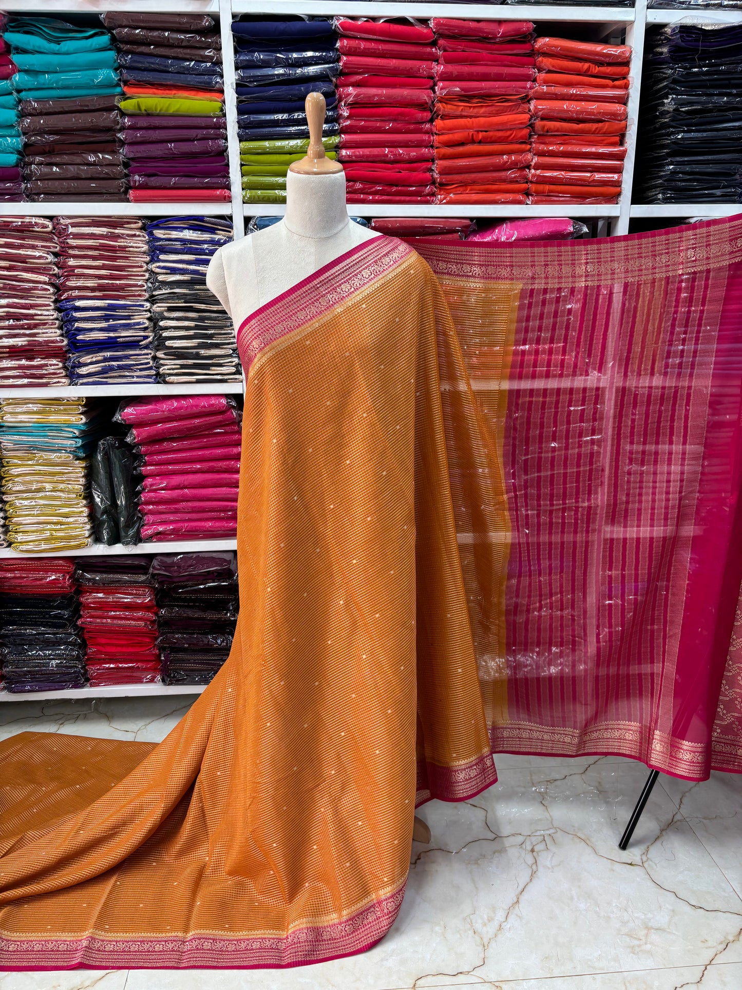 Semi Mysore Crepe (Premium, Checks & Brocade Blouse)