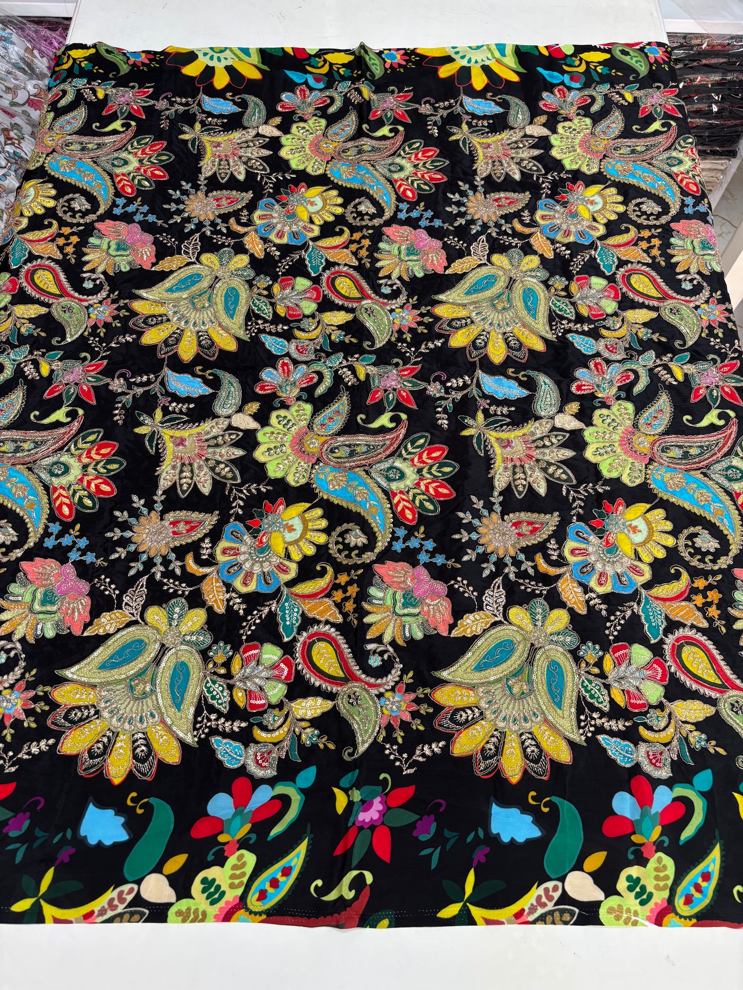 Kalamkari Blouse Fabric (HSSB4, Rich Mango & Floral Print with Heavy Positioning Work)