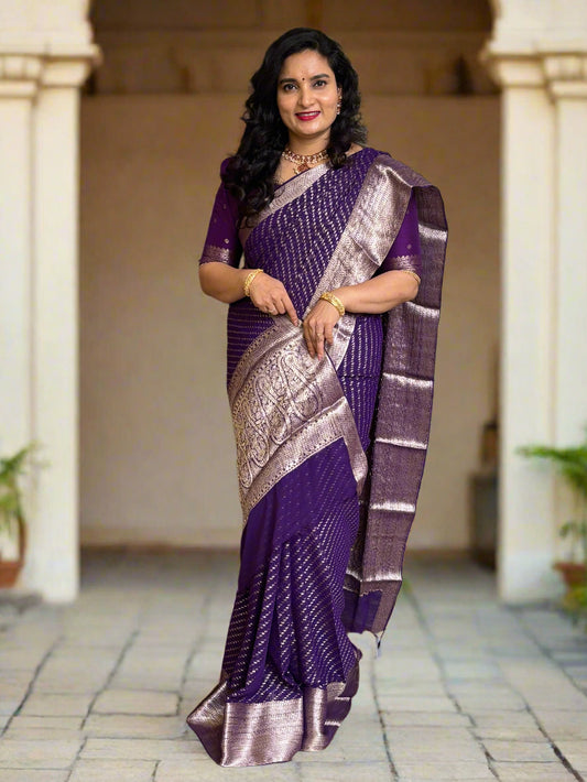 Georgette Chiffon (Self, Dotted Diagonal Lines and Rich Mango Pallu)