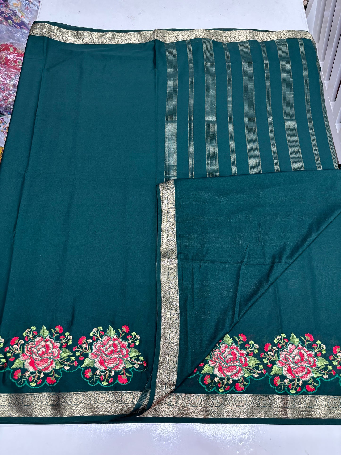 Semi Mysore Crepe (Self, Small Border, Rose Embroidery)