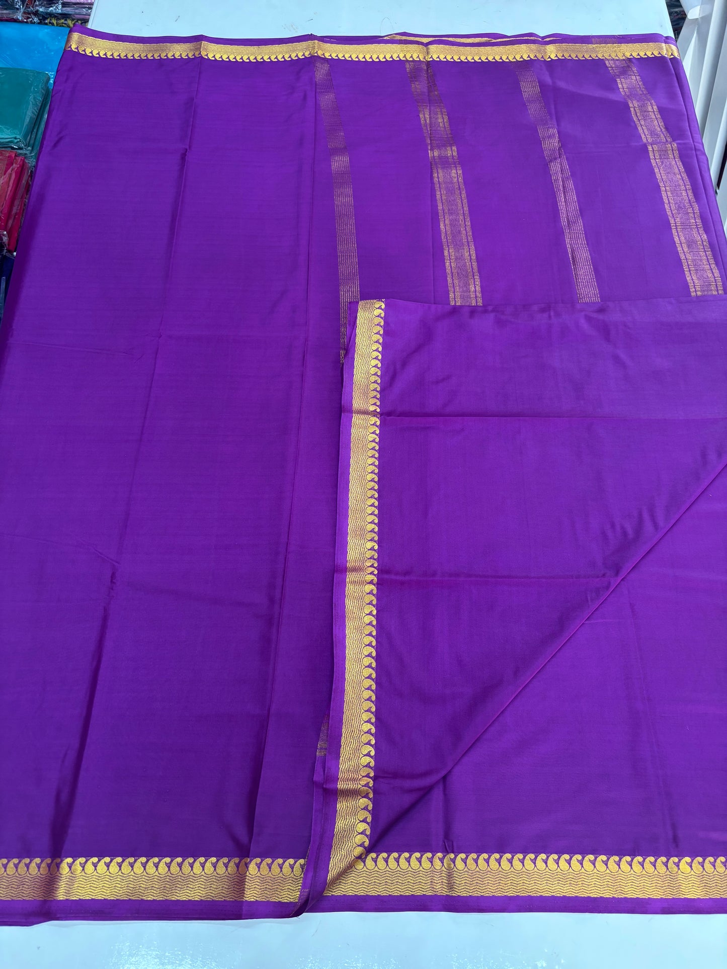 Semi Mysore Crepe (Self, 1.5 inches Golden Mango and Waves Border)