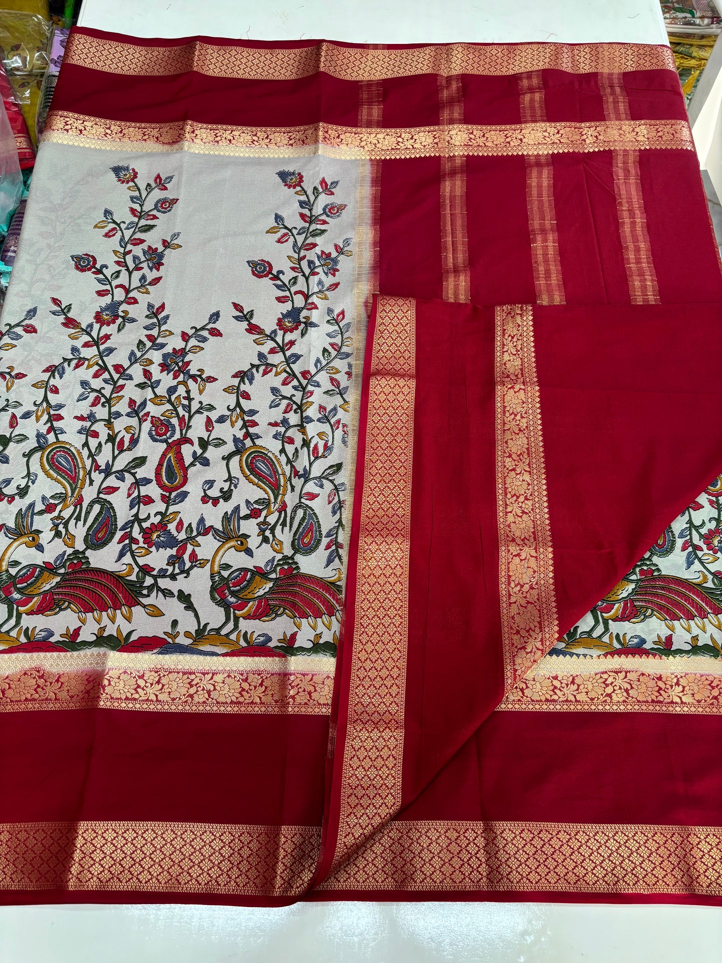 Semi Mysore Crepe (Peacock Kalamkari Print)