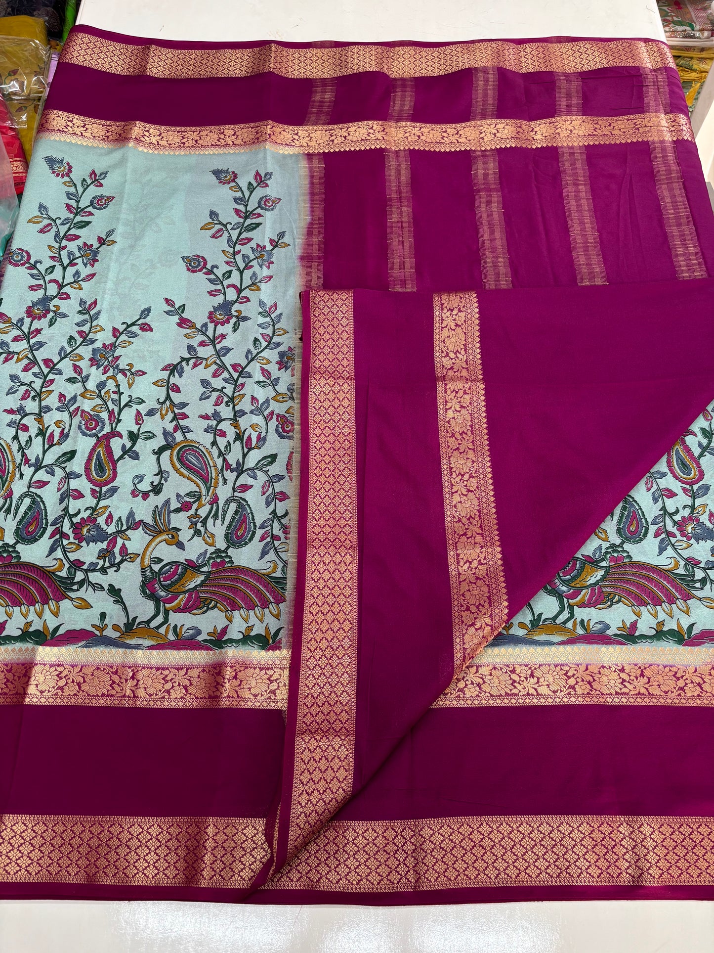 Semi Mysore Crepe (Peacock Kalamkari Print)
