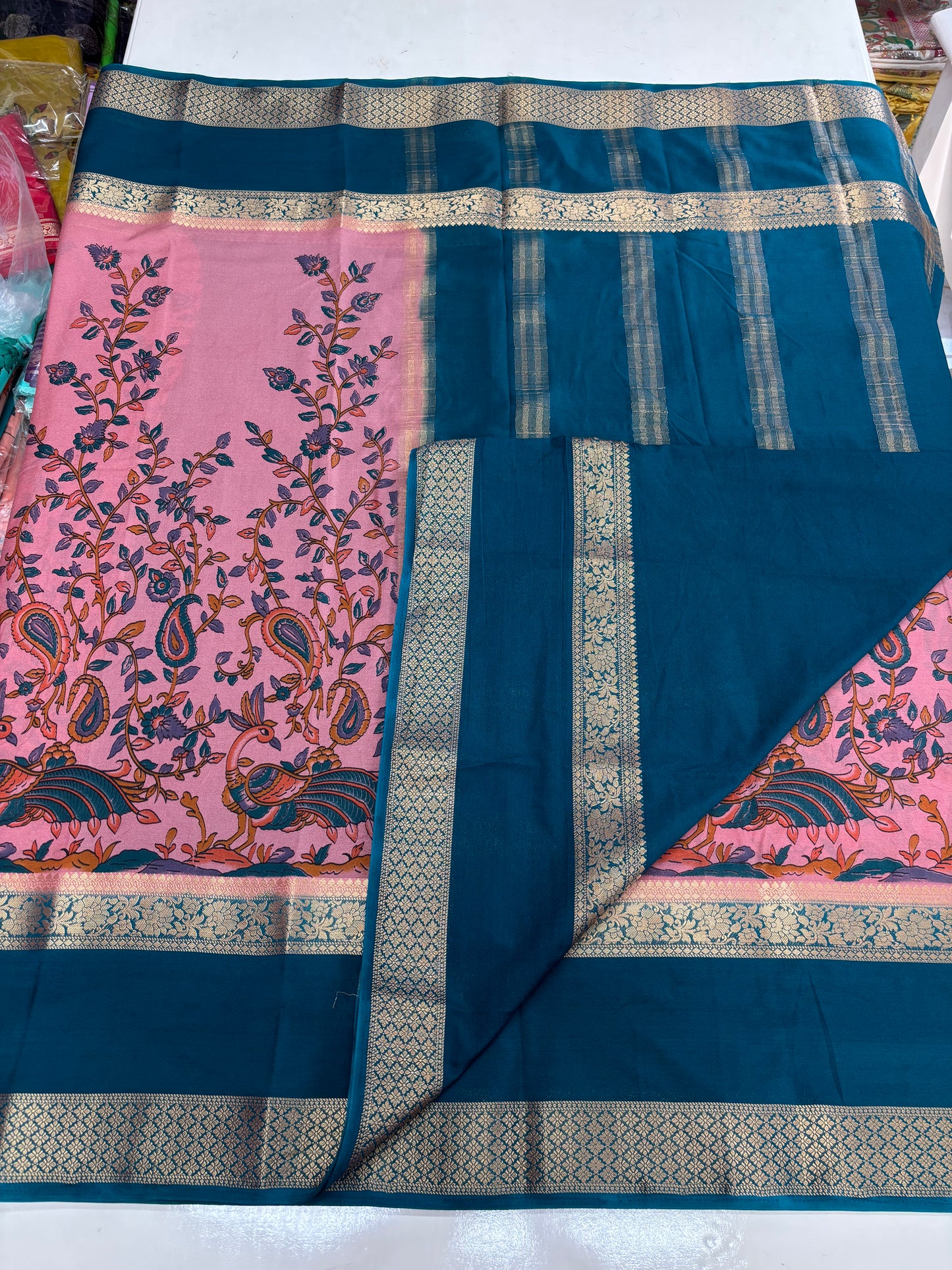 Semi Mysore Crepe (Peacock Kalamkari Print)