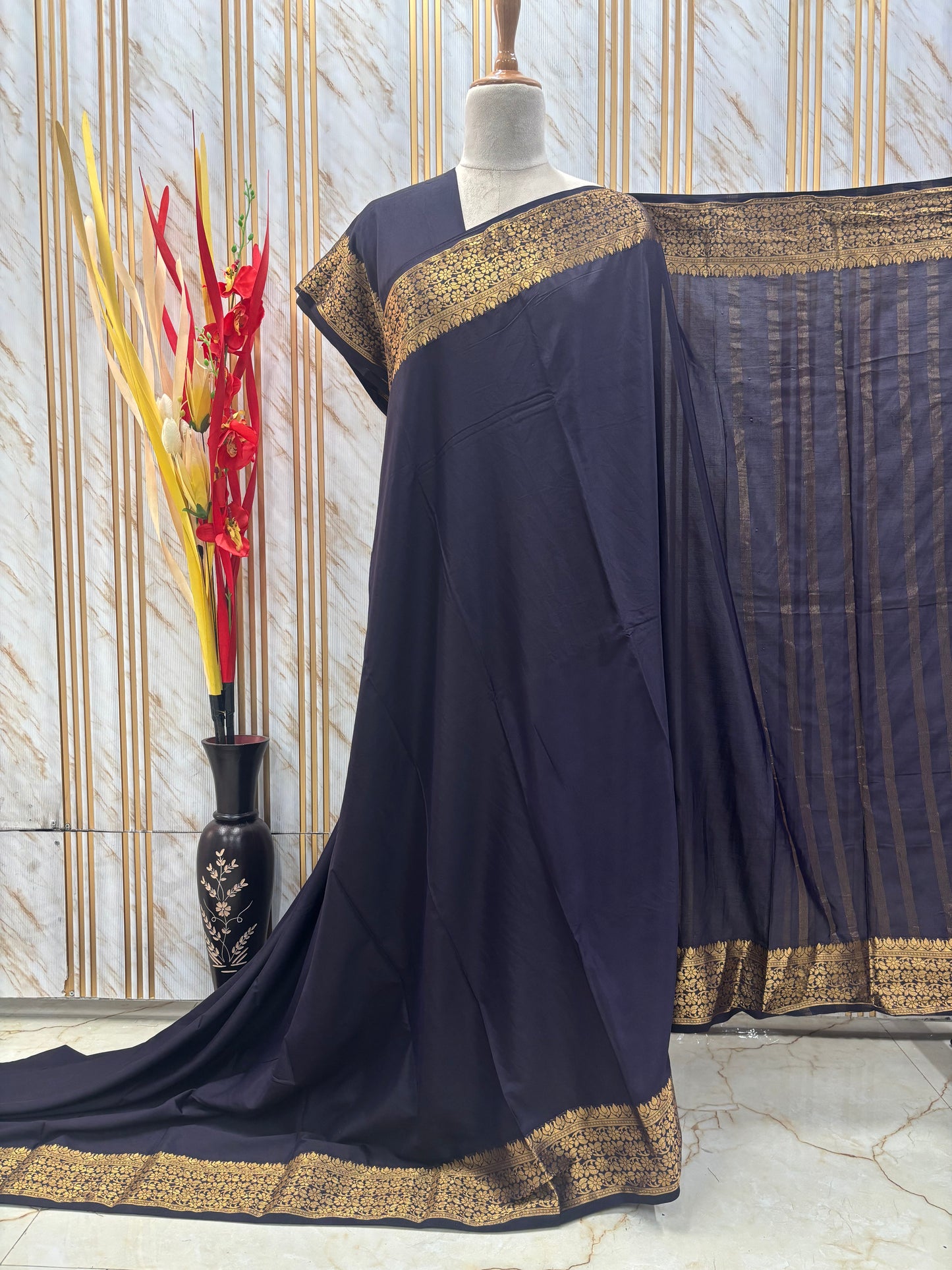 Semi Mysore Crepe (Self, Medium Floral Border)