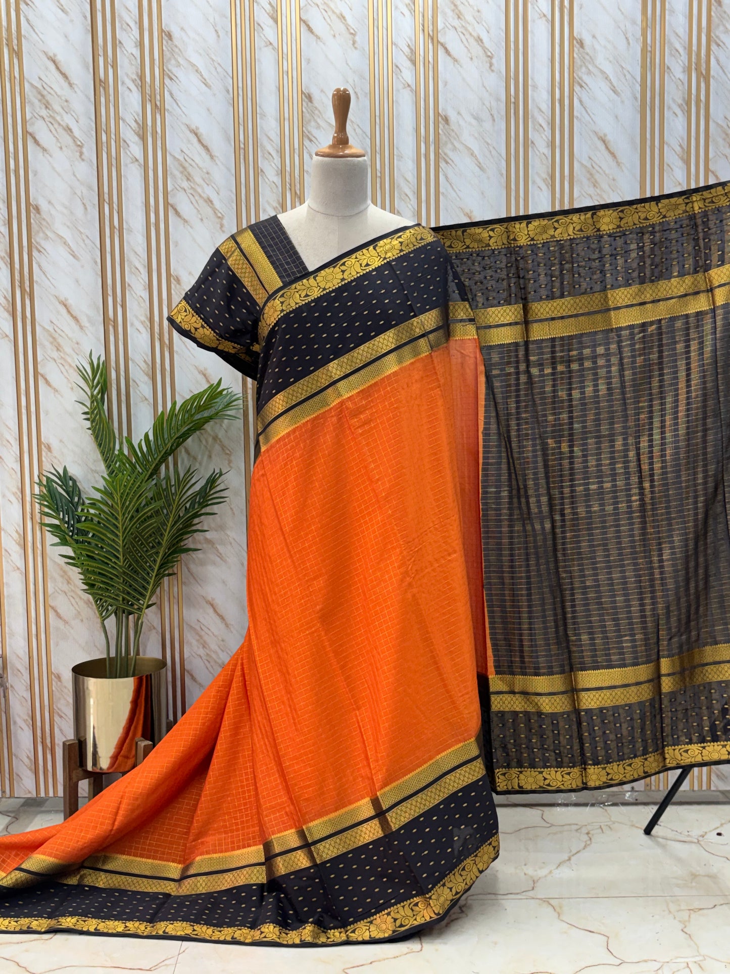 Semi Mysore Crepe (Checks and Big Rain Drops Border)